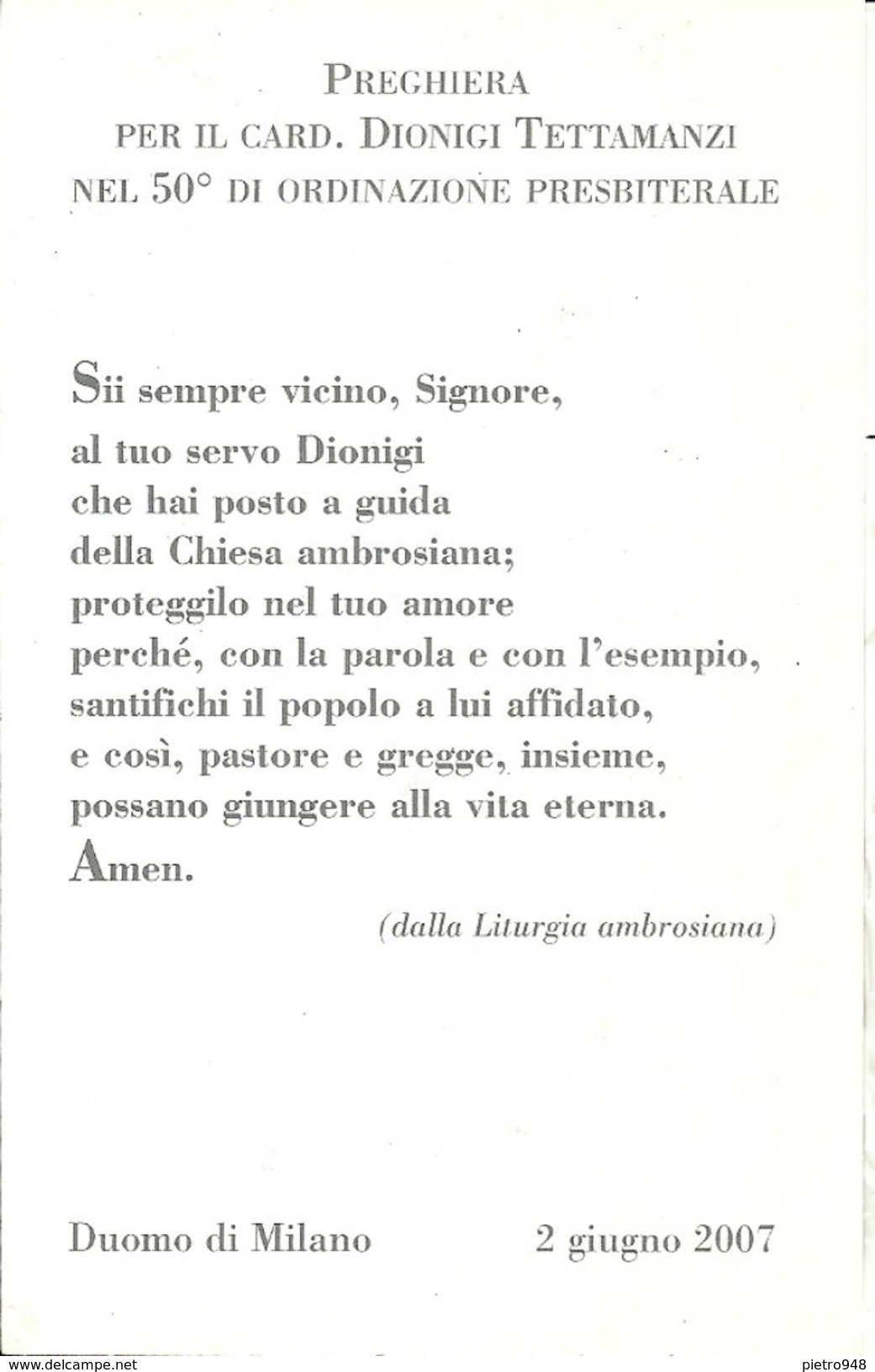 Cardinale Dionigi Tettamanzi, Nel 50° Di Ordinazione Presbiteriale, Duomo Di Milano 2 Giugno 2007 - Devotieprenten