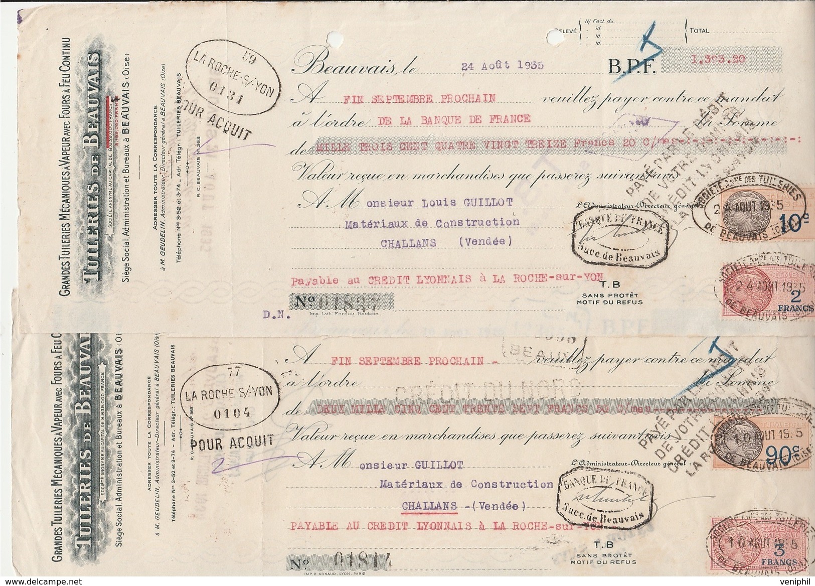 2 LETTRES DE CHANGE -  TUILERIES DE BEAUVAIS -  ANNEE 1935 - Bills Of Exchange