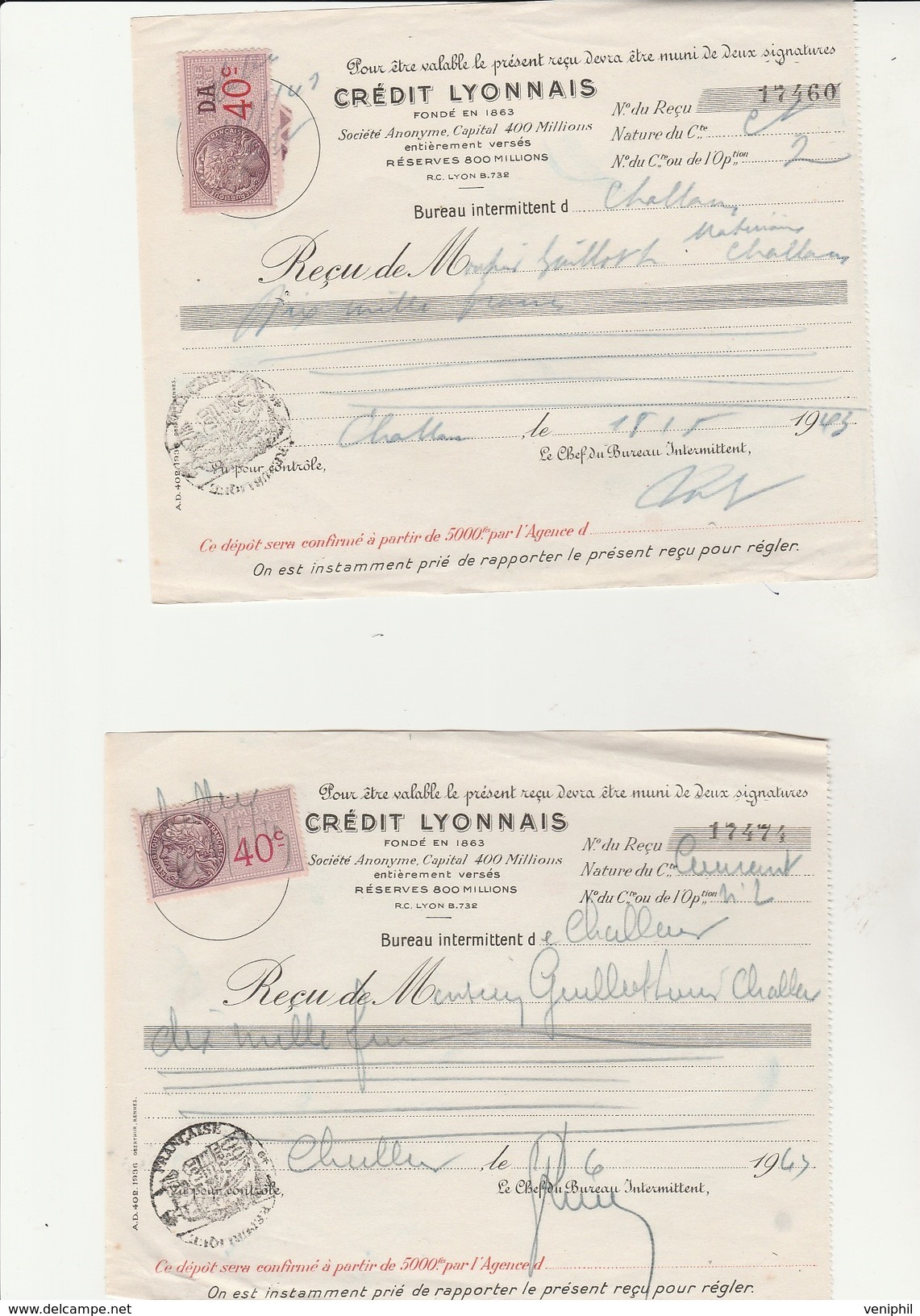 2 RECUS TIMBRES CREDIT LYONNAIS  ANNEE 1943 - Bills Of Exchange