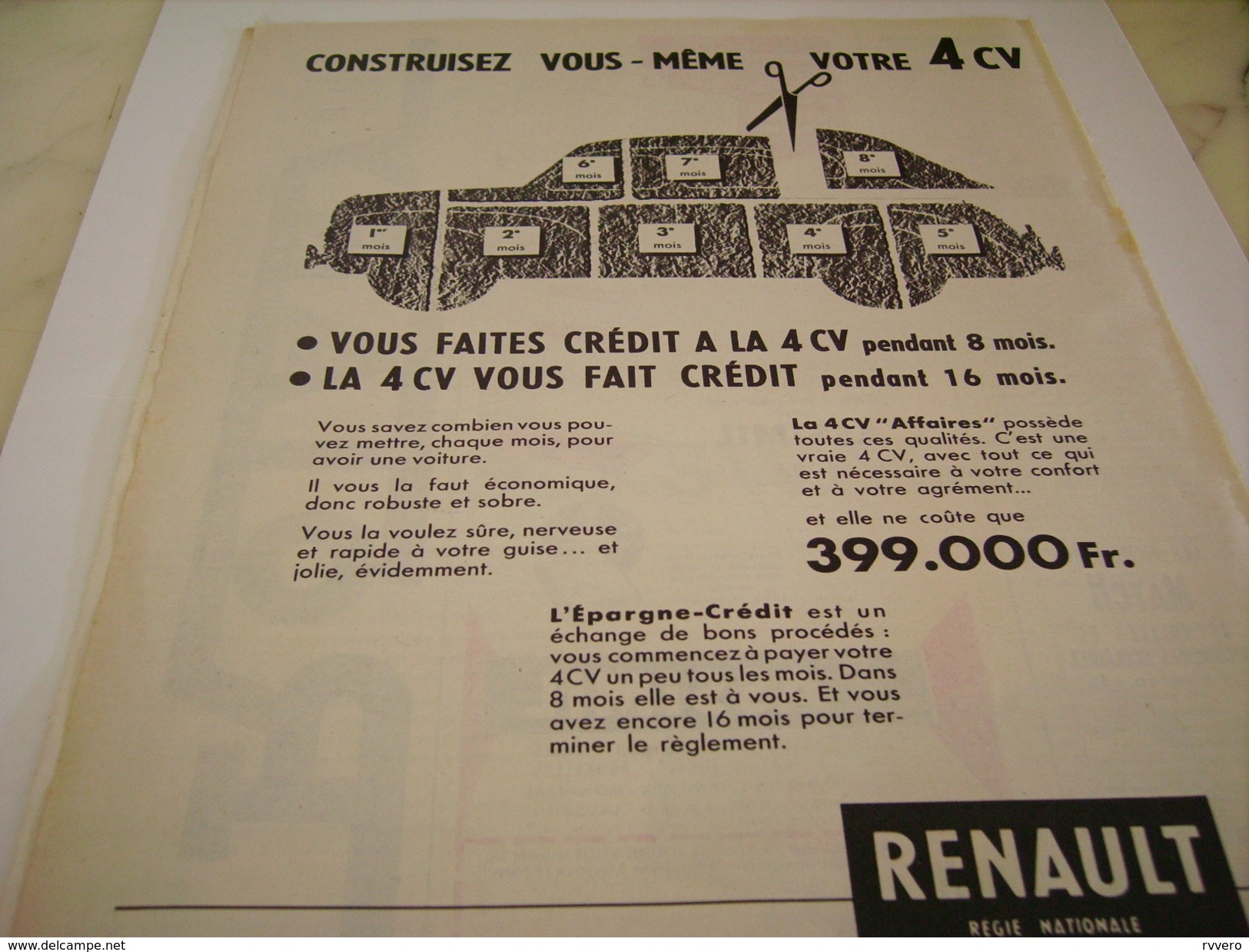 ANCIENNE PUBLICITE  4 CV DE RENAULT 1957 - Voitures