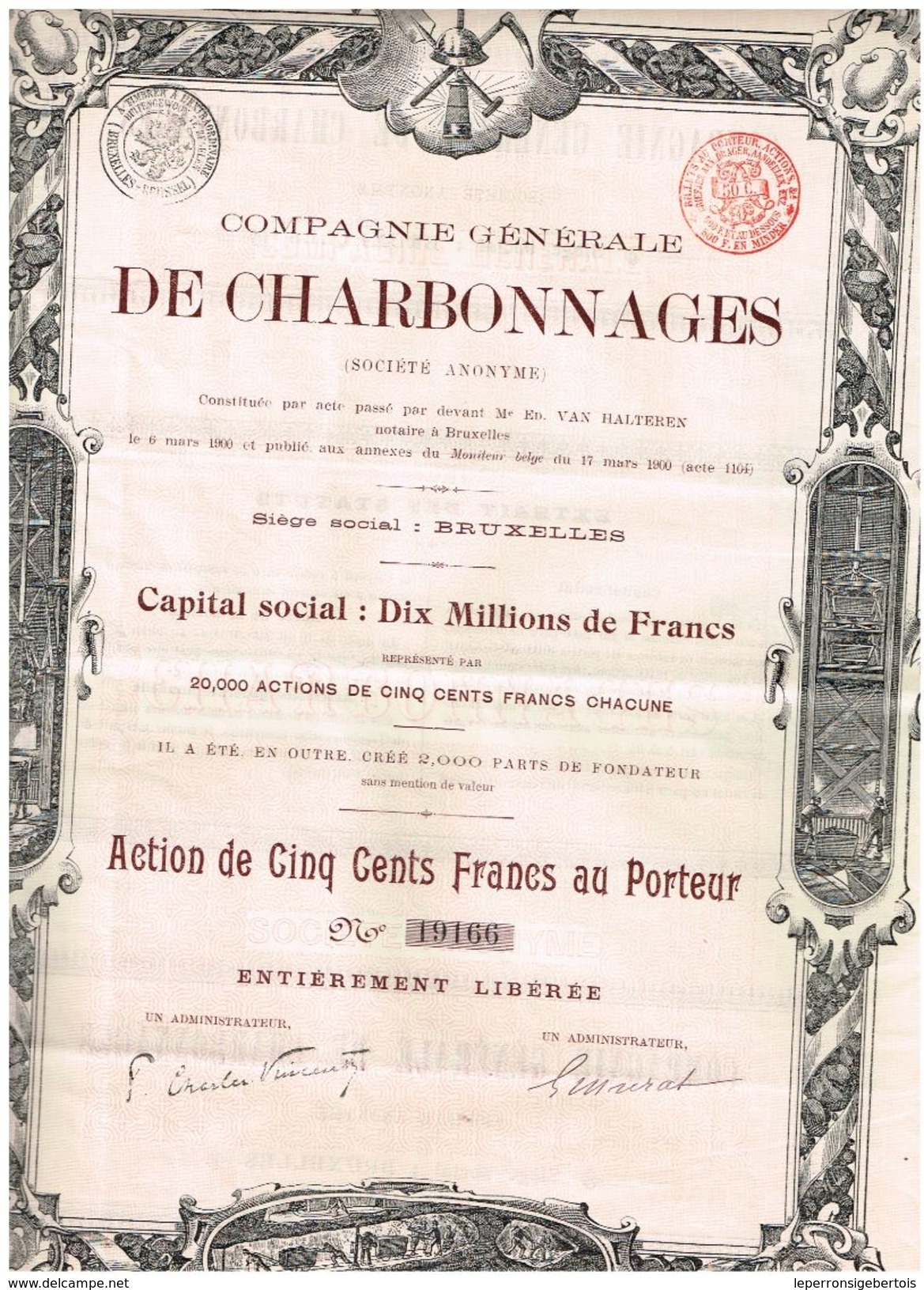 Action Ancienne - Compagnie Générale Des Charbonnages - Titre De 1900 - Mines