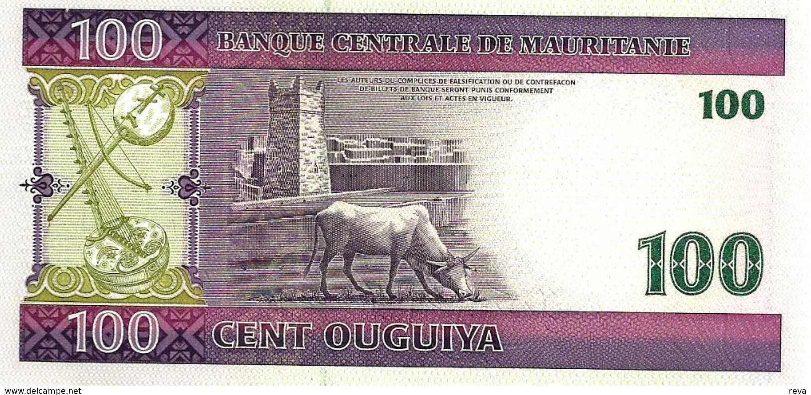 MAURITANIA 100 OUGUIYA PURPLE MOTIF FRONT ANIMAL BACK DATED 28-11-2006 P10 UNC READ DESCRIPTION - Mauritanië