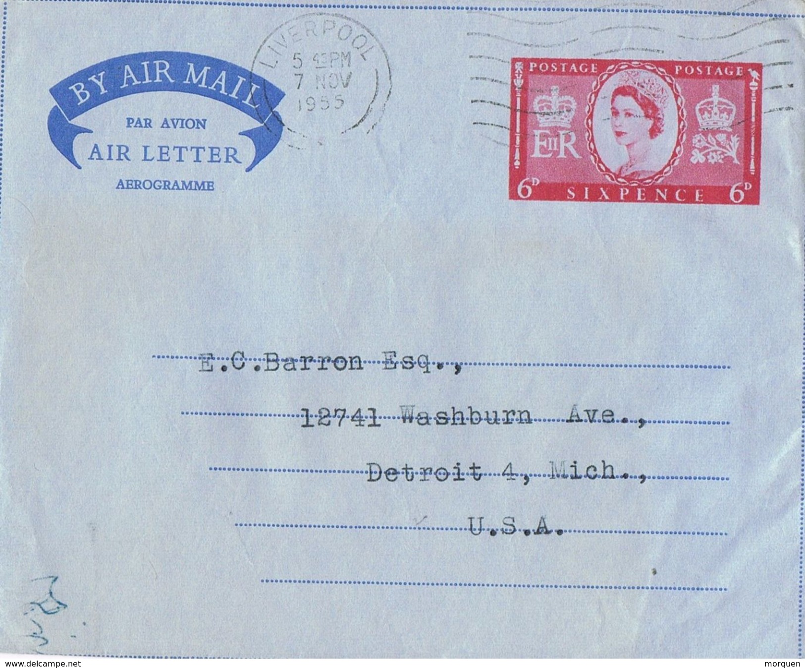 25520. Aerograma  LIVERPOOL (England) 1955, 6 Pence To USA - Cartas & Documentos