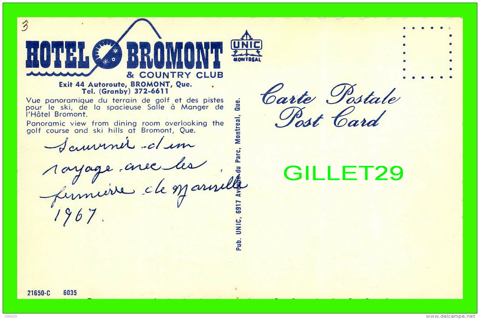 BROMONT, QUÉBEC - HOTEL BROMONT &amp; COUNTRY CLUB - SALLE À DINER - ÉCRITE EN 1967 - UNIC - - Autres & Non Classés