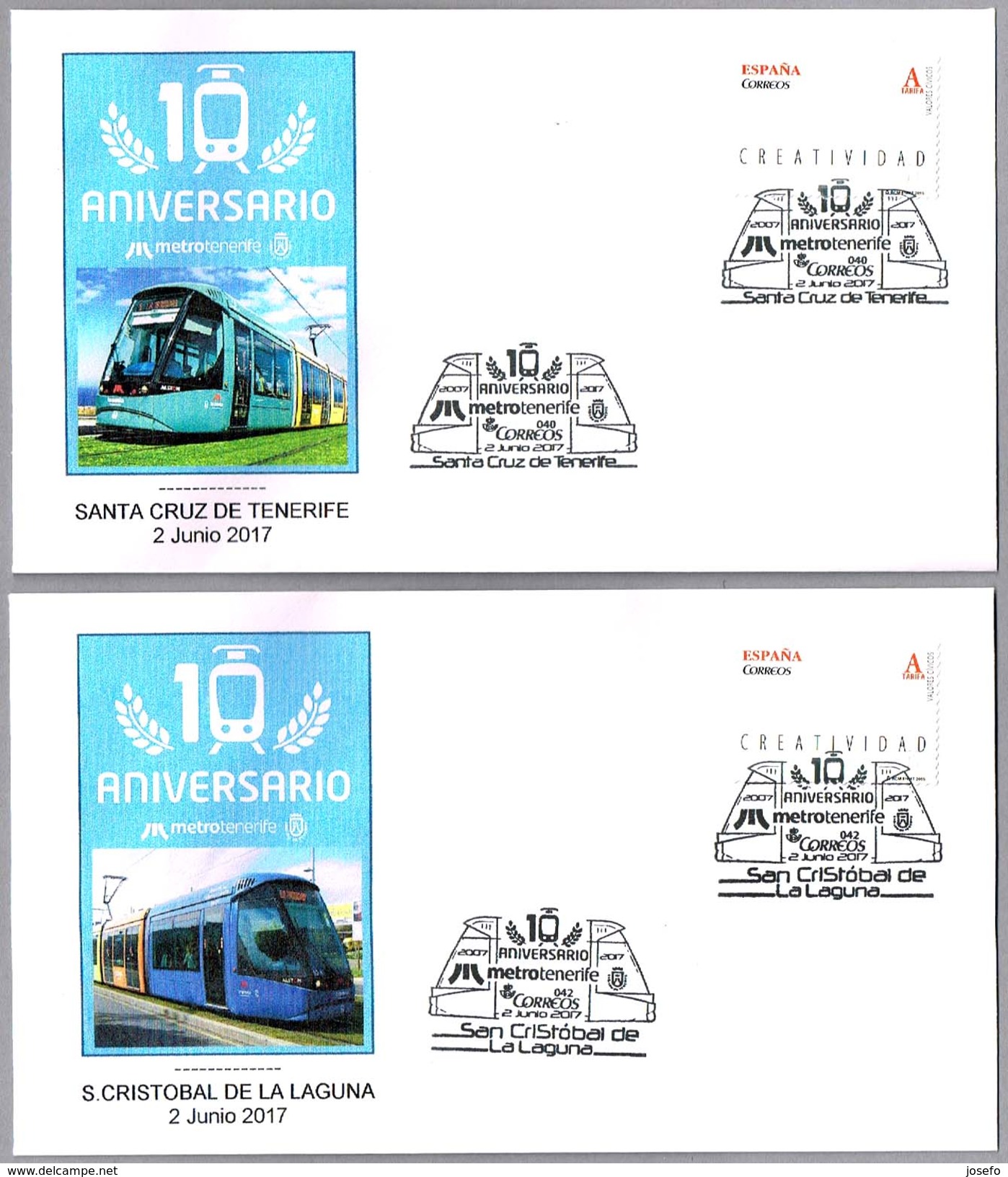 10 AÑOS TRANVIA DE TENERIFE - METROTENERIFE - TRAMWAY. Set 2 Matasellos. S.C. Tenerife Y S:Cristobal, Canarias 2017 - Tranvías