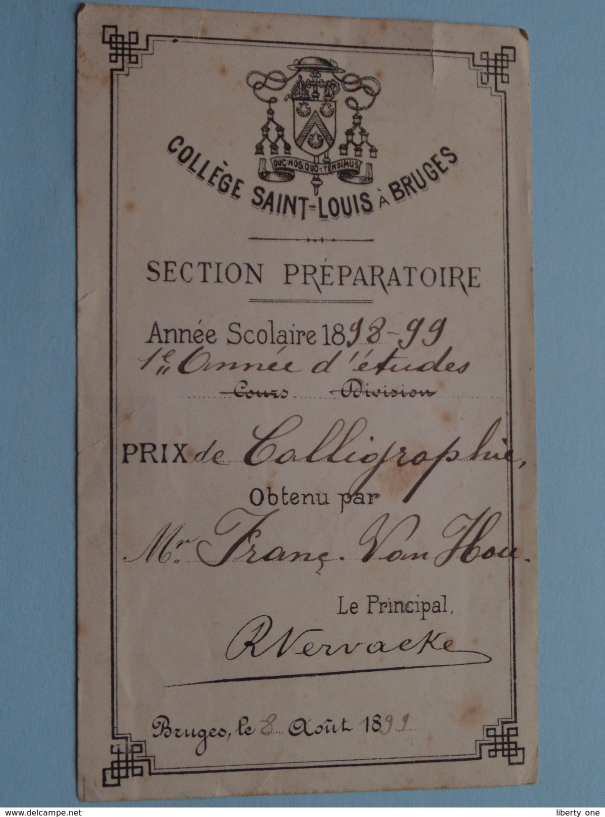 Collège Saint-Louis à BRUGES Année Scolaire 1898 - 99 Prix De Calliegraphie à Frans VAN HOU ( 8 X 13 Cm. - Zie Foto ) ! - Diplômes & Bulletins Scolaires