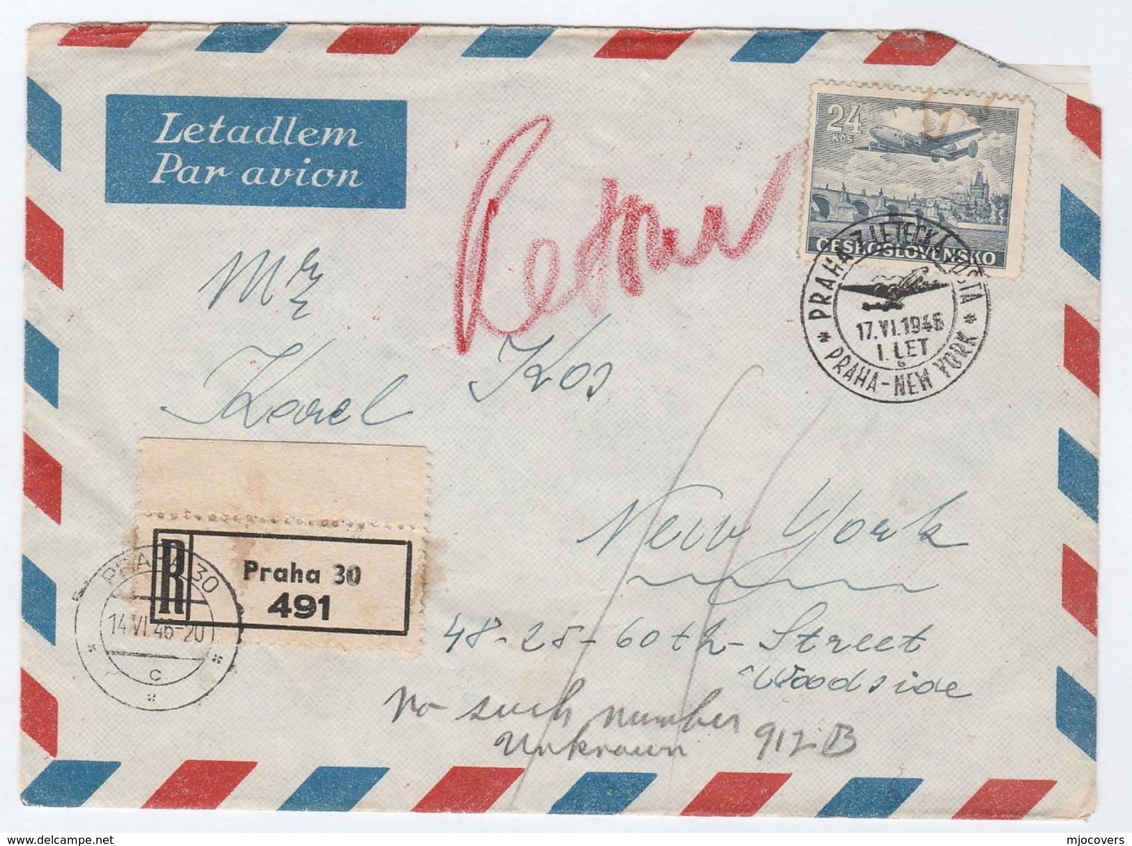 1946 REGISTERED Air Mail CZECHOSLOVAKIA COVER  To USA RETURNED, UNDELIVERED, Via FIRST FLIGHT Aviation Stamps - Covers & Documents