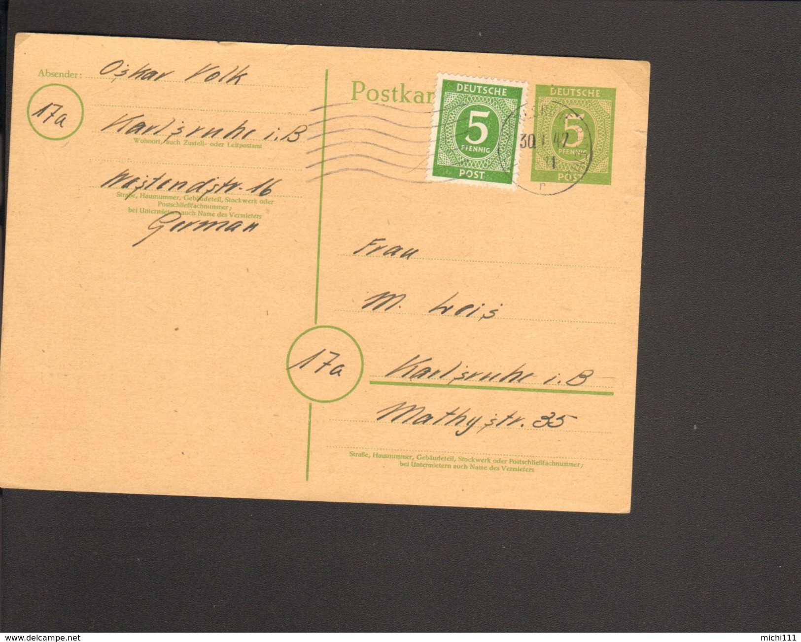 Alli.Bes. Ganzsache 5 Pfg. Ziffern P 950 Mit 5 Pfg.Ziffern Zusatzfrankatur Als Ortspostkarte In Karlsruhe V.1947 Bedarf - Sonstige & Ohne Zuordnung
