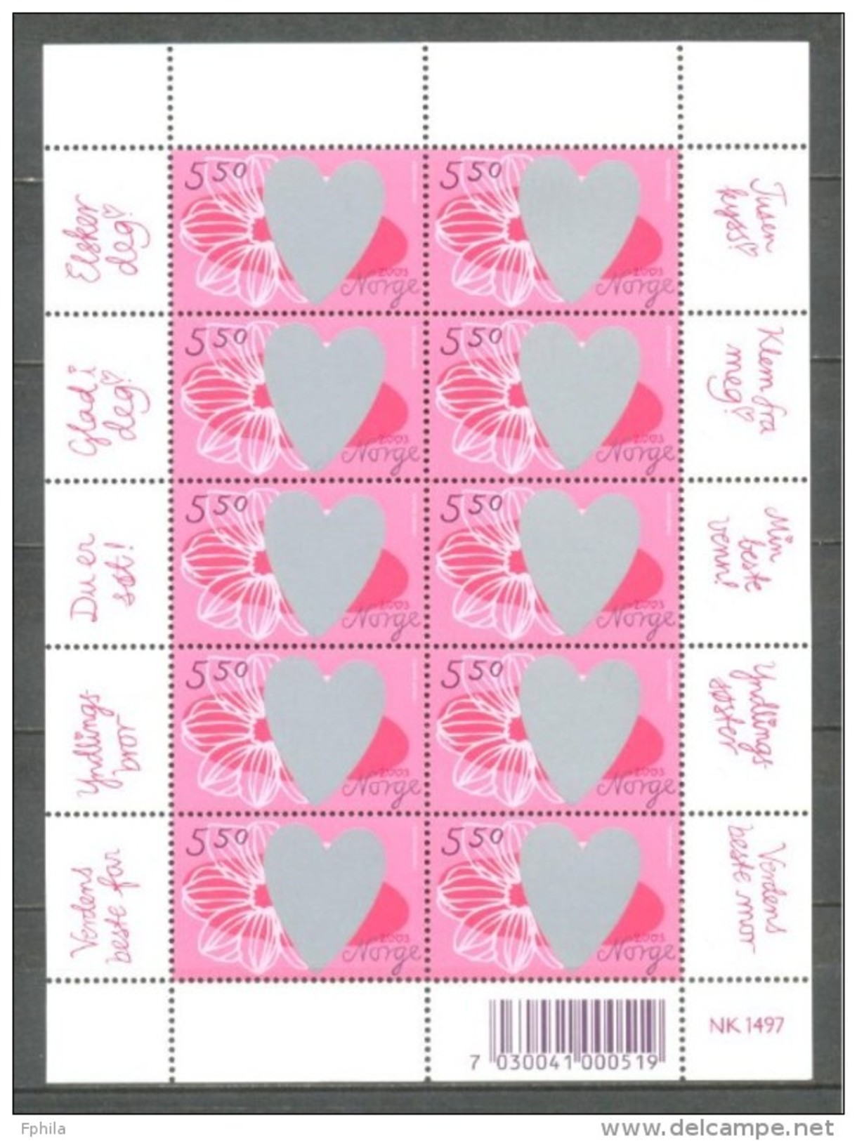 2003 NORWAY VALENTINE MINI SHEET MICHEL: 1462KB MNH ** - Blocks & Sheetlets