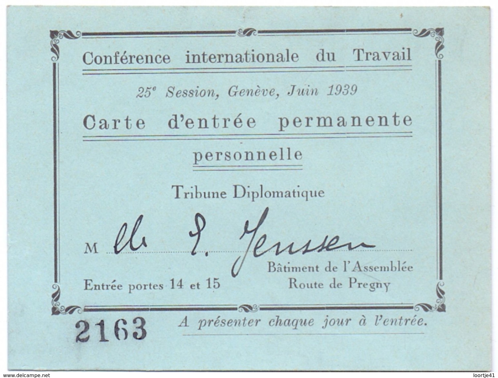 Carte D'entrée Conférence Du Travail - Trbune Diplomatique - Genève 1939 - Tickets - Entradas