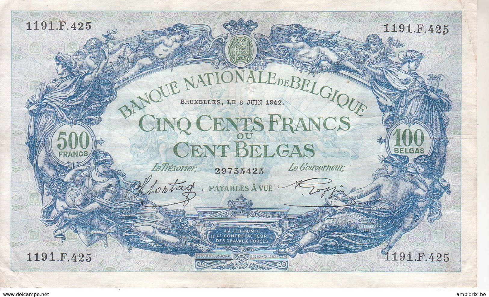 Billet De 500 Francs Belges - 80b - 500 Francs-100 Belgas