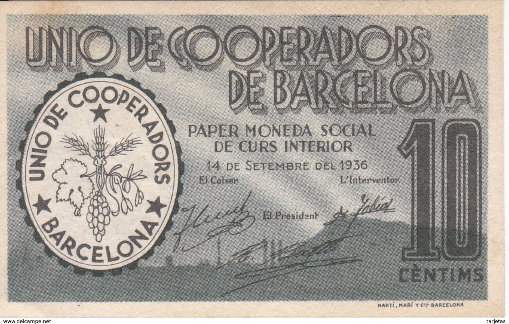 BILLETE DE LA UNIO DE COOPERADORS DE BARCELONA DE 10 CENTIMOS DEL AÑO 1936 SIN CIRCULAR    (BANKNOTE) - Other & Unclassified