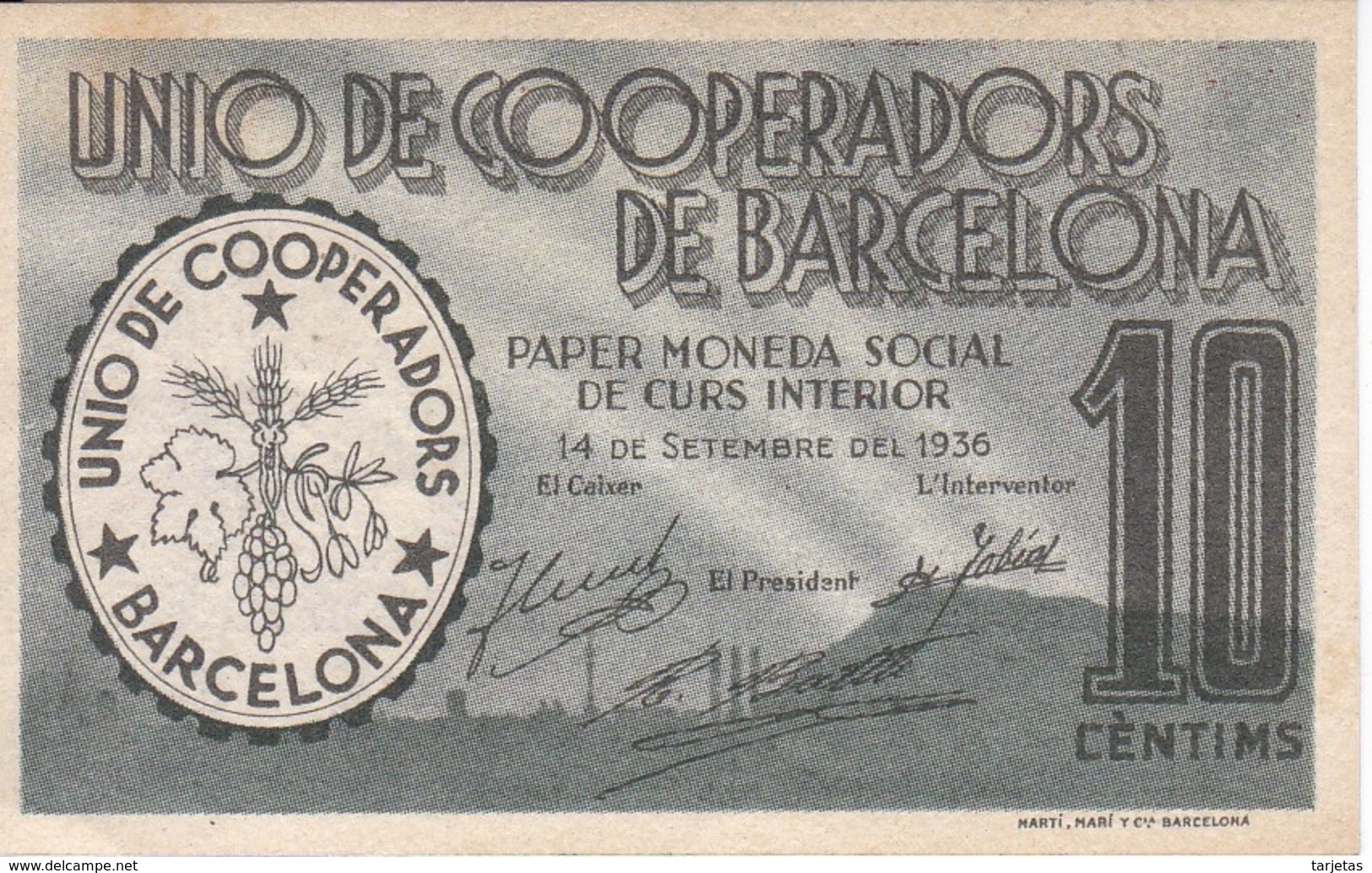 BILLETE DE LA UNIO DE COOPERADORS DE BARCELONA DE 10 CENTIMOS DEL AÑO 1936 SIN CIRCULAR    (BANKNOTE) - Altri & Non Classificati