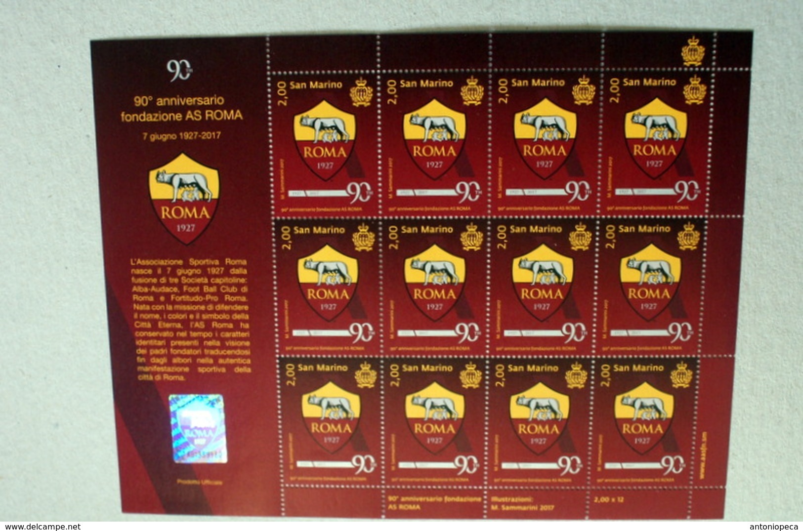 SAN MARINO 2017, 90 ANNI DELLA SOCIETA' SPORTIVA ROMA, FULL SHEET MNH** - Neufs