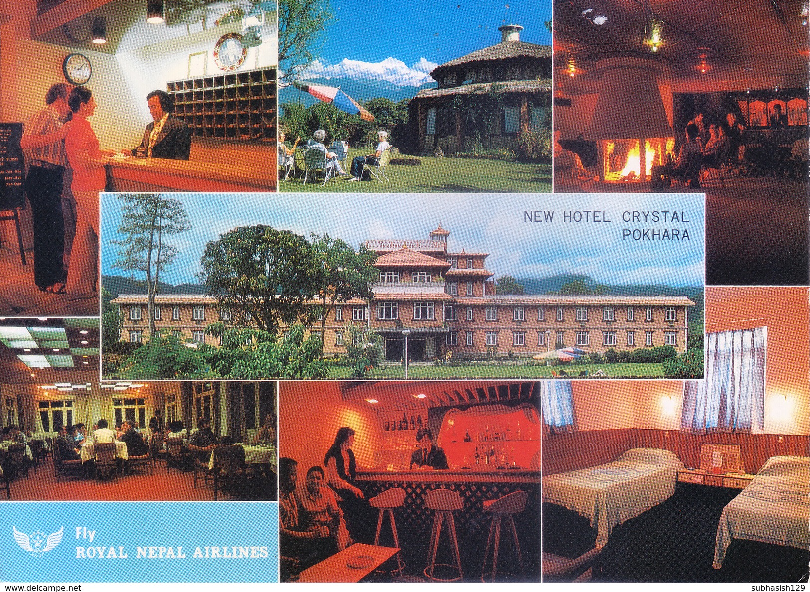 NEPAL - COLOUR PICTURE POST CARD - VIEWS OF NEW HOTEL CRYSTAL, POKHRA, SLOGAN OF 'FLY, ROYAL NEPAL AIRLINES ' - Nepal