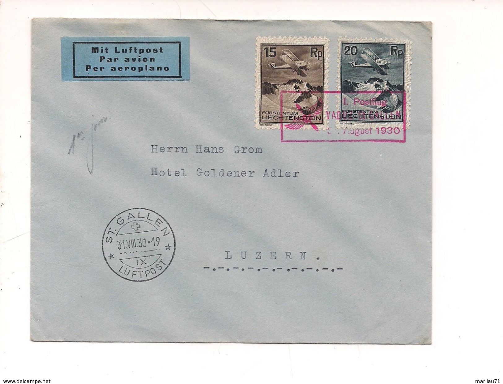 7161 1930 LIECHTENSTEIN POSTA AEREA FDC LUFTPOST COVER - Poste Aérienne