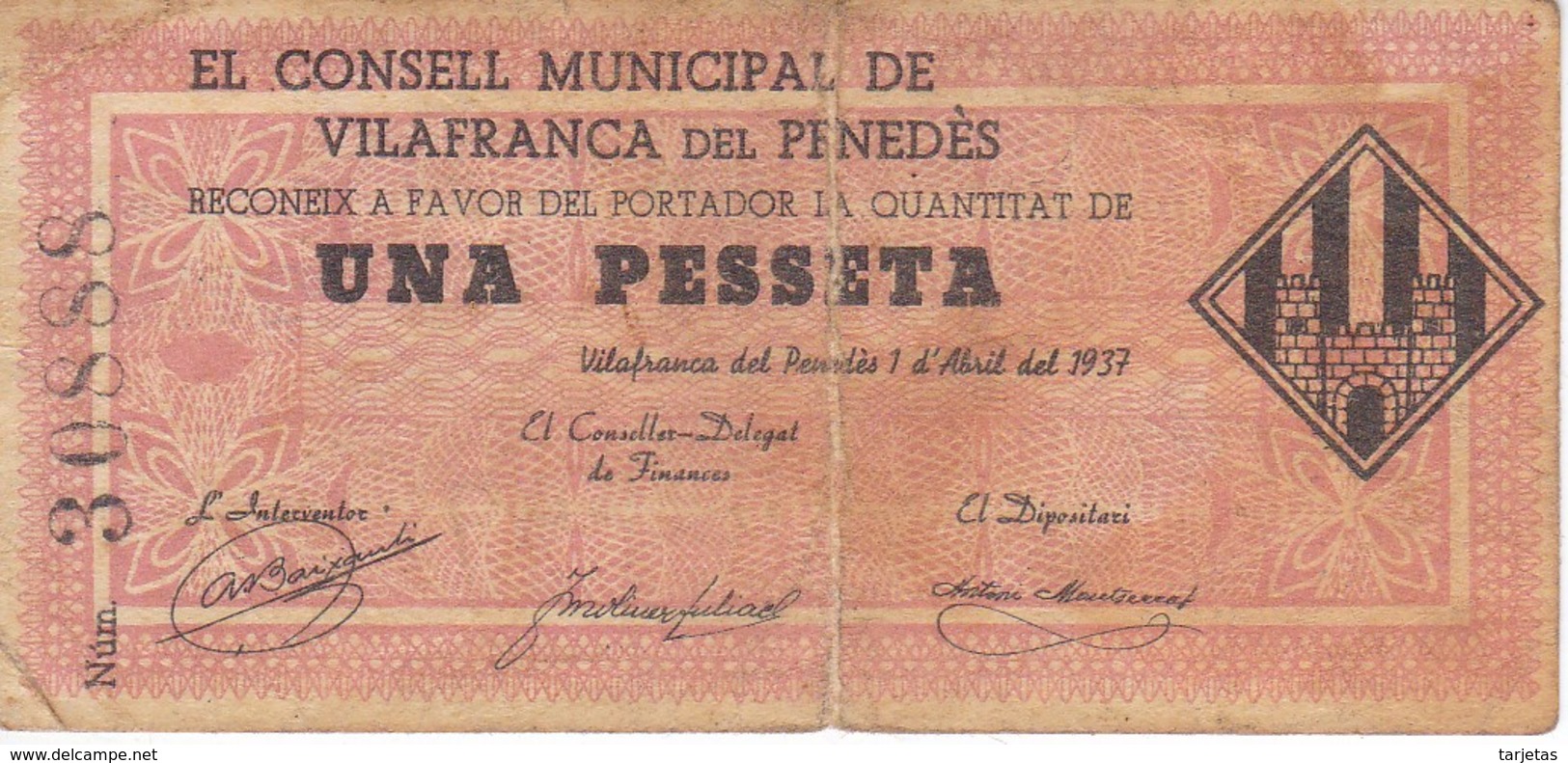 BILLETE DE 1 PESETA DEL CONSELL MUNICIPAL DE VILAFRANCA DEL PENEDES DEL AÑO 1937      (BANKNOTE) - Otros & Sin Clasificación