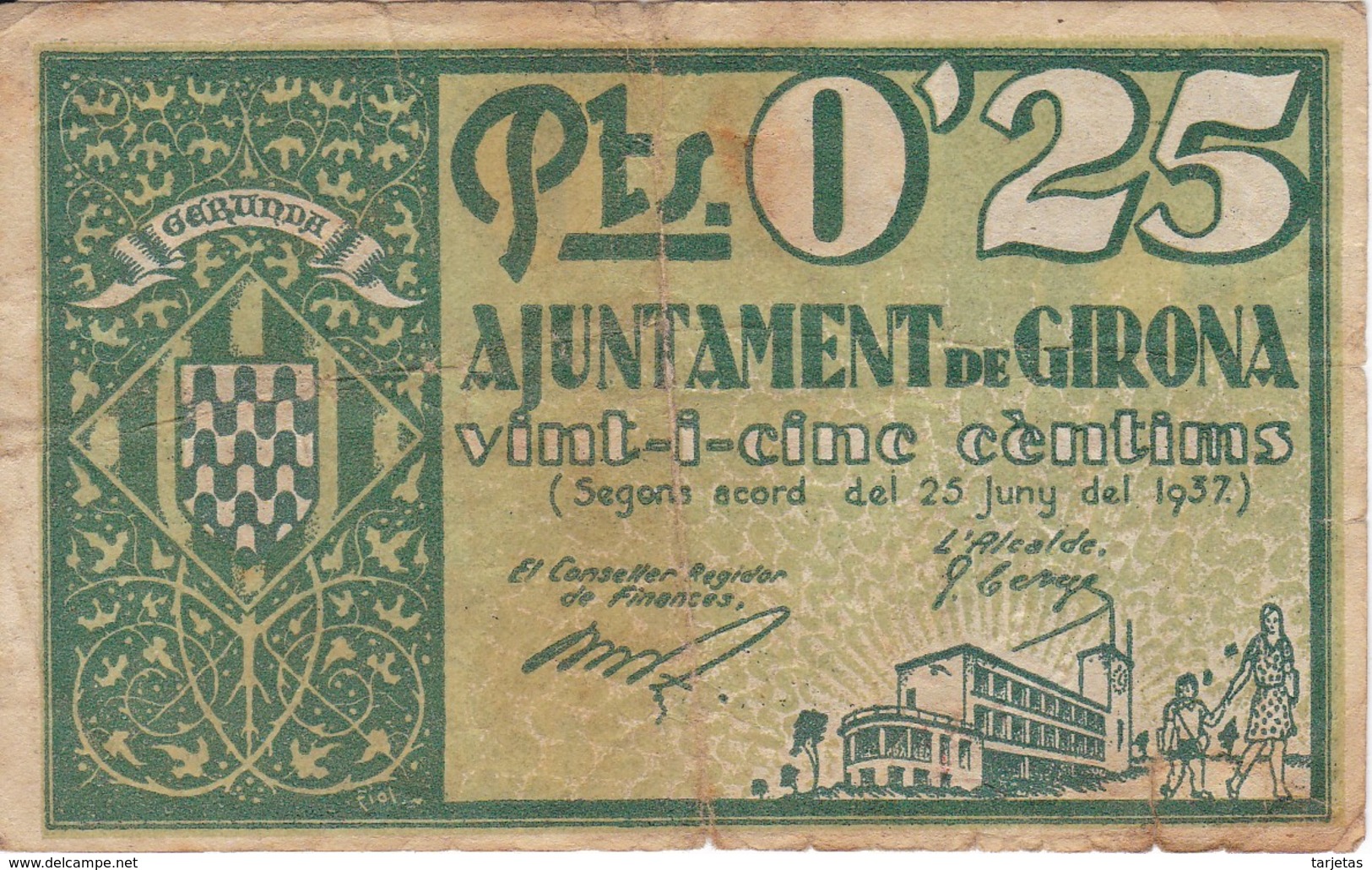 BILLETE DE 25 CENTIMOS DEL AJUNTAMENT DE GIRONA DEL AÑO 1937 (SELLO SECO)     (BANKNOTE) - Otros & Sin Clasificación