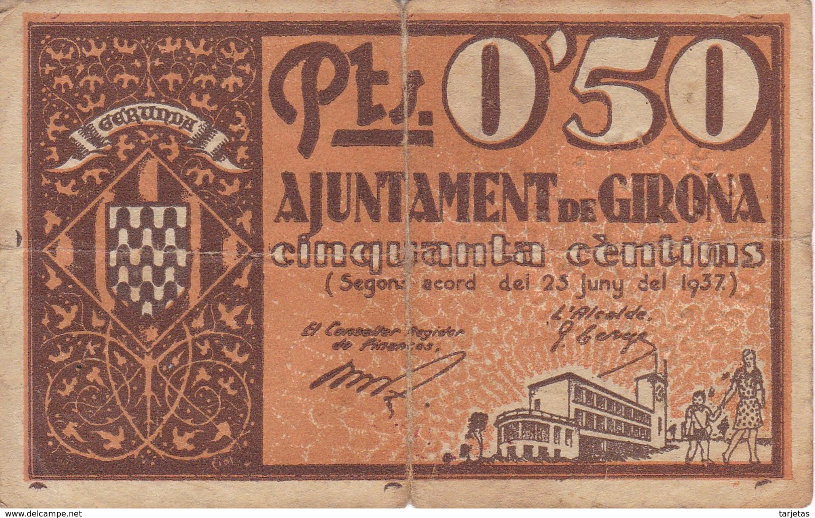 BILLETE DE 50 CENTIMOS DEL AJUNTAMENT DE GIRONA DEL AÑO 1937 (SELLO SECO)     (BANKNOTE) - Andere & Zonder Classificatie