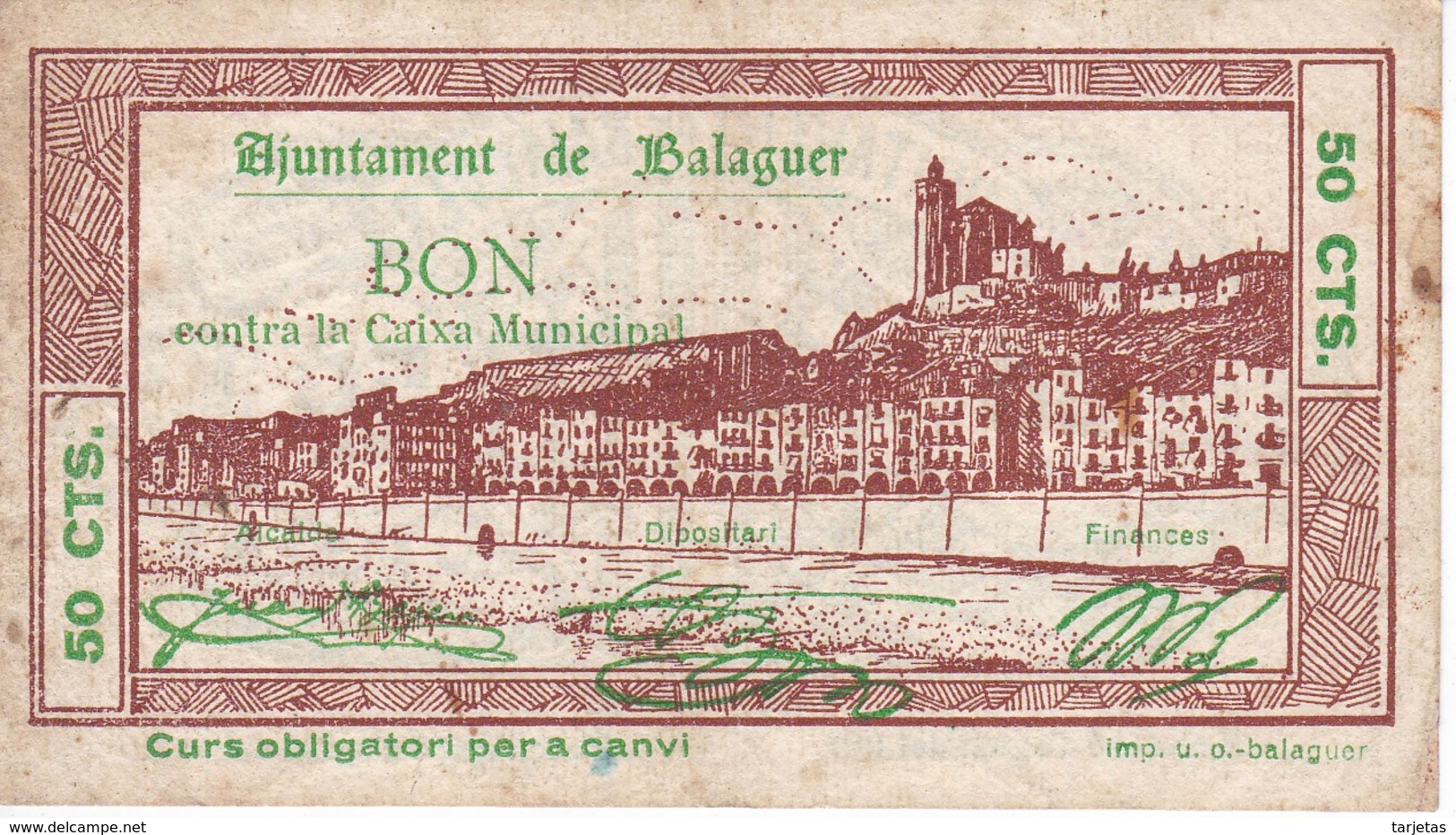 BILLETE DE 50 CENTIMOS DEL AJUNTAMENT DE BALAGUER DEL AÑO 1937     (BANKNOTE) - Sonstige & Ohne Zuordnung