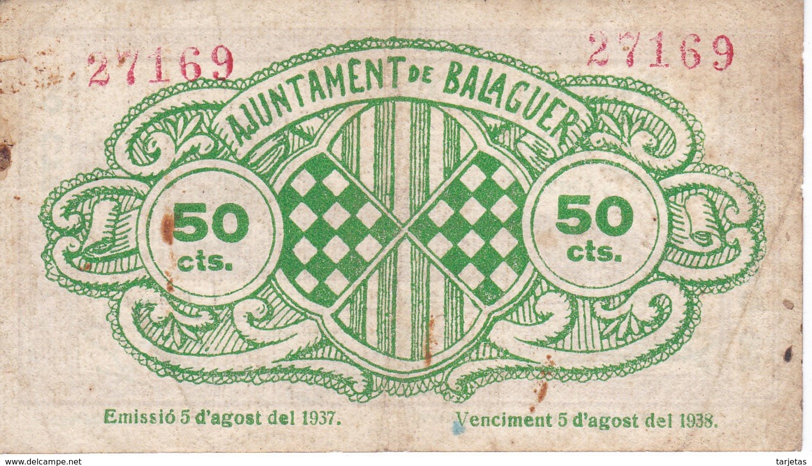 BILLETE DE 50 CENTIMOS DEL AJUNTAMENT DE BALAGUER DEL AÑO 1937     (BANKNOTE) - Otros & Sin Clasificación