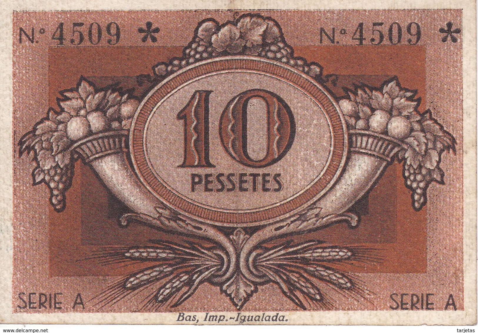 BILLETE DE 10 PESETAS DE LA COOPERATIVA UNIO DE COOPERADORS DE IGUALADA DEL AÑO 1938       (BANKNOTE) - Otros & Sin Clasificación