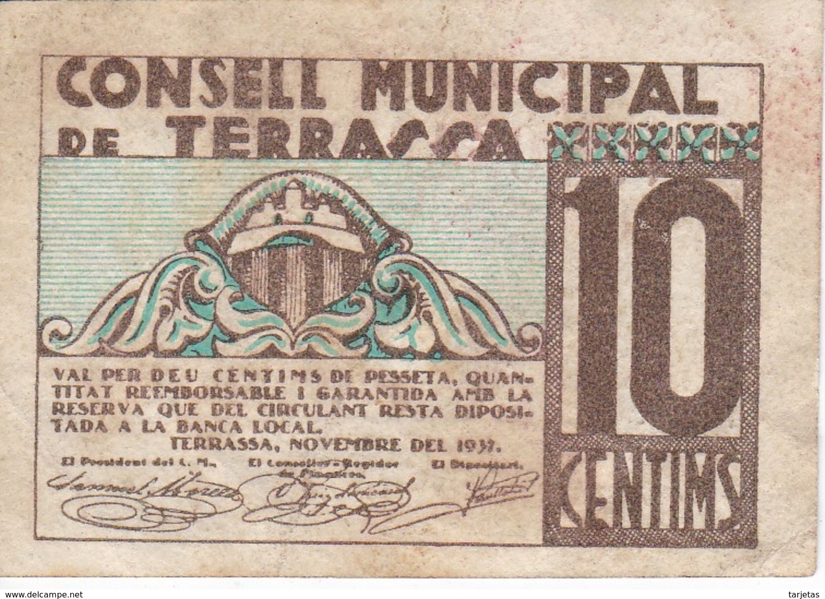 BILLETE DE 10 CENTIMOS DEL CONSELL MUNICIPAL DE TERRASSA DEL AÑO 1937     (BANKNOTE) - Otros & Sin Clasificación
