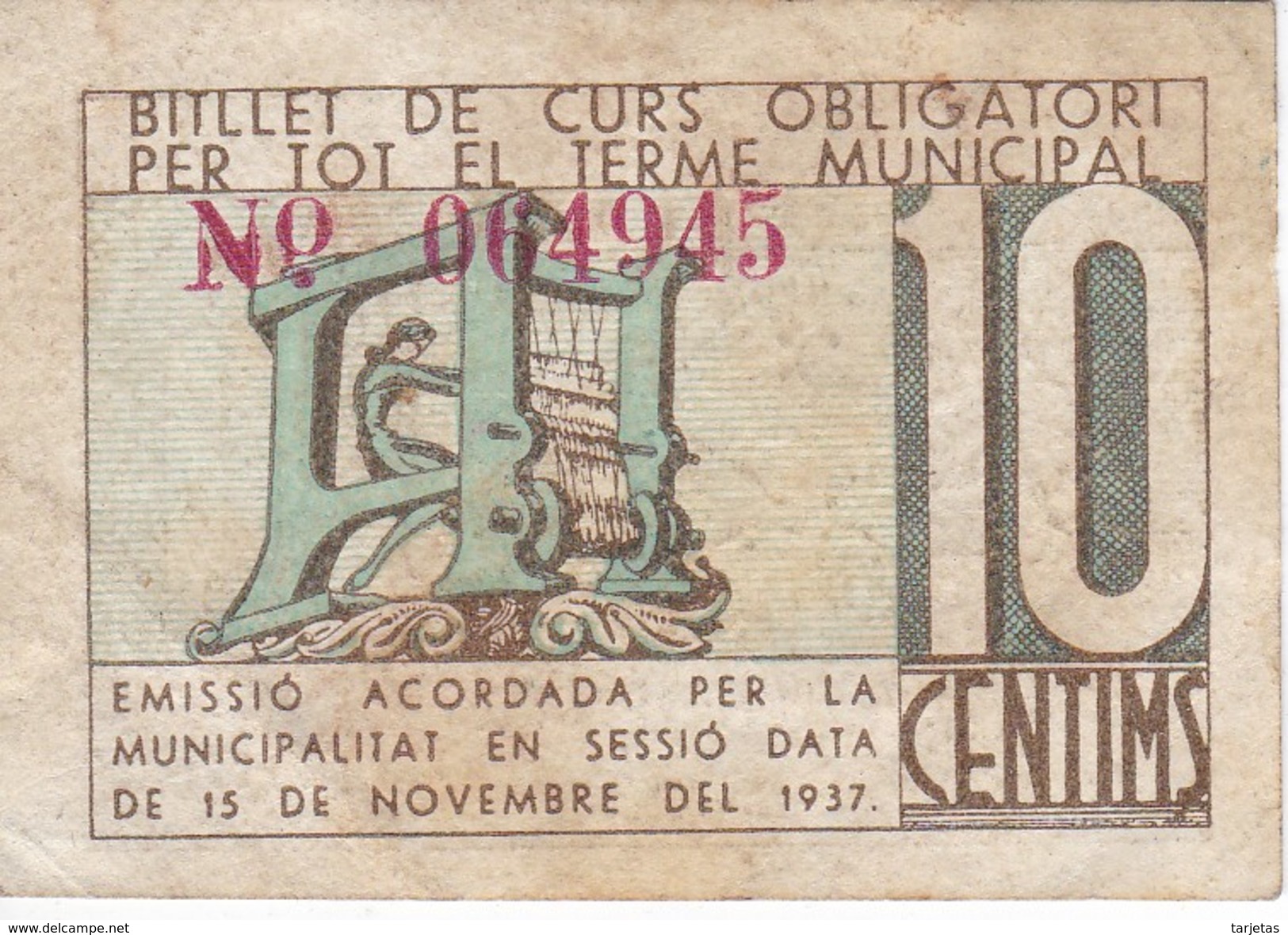 BILLETE DE 10 CENTIMOS DEL CONSELL MUNICIPAL DE TERRASSA DEL AÑO 1937     (BANKNOTE) - Otros & Sin Clasificación