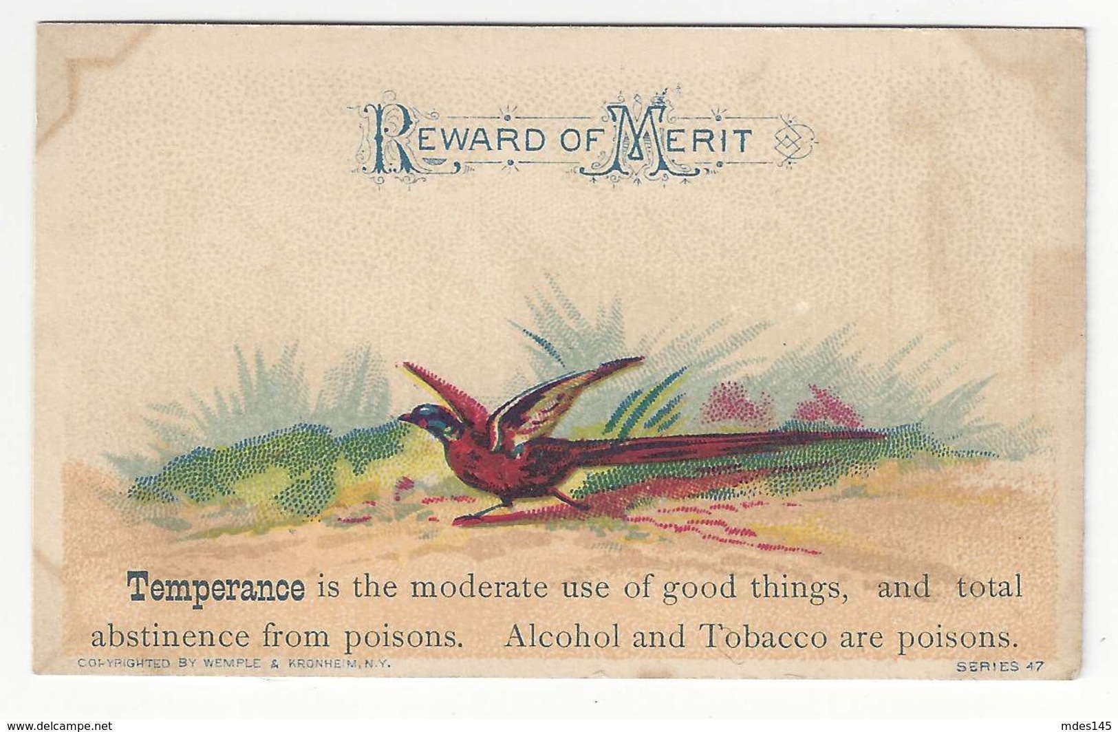 2 Victorian Reward Of Merit Cards Temperance Tobacco Alcohol Are Poisons Birds School Teachers - Altri & Non Classificati