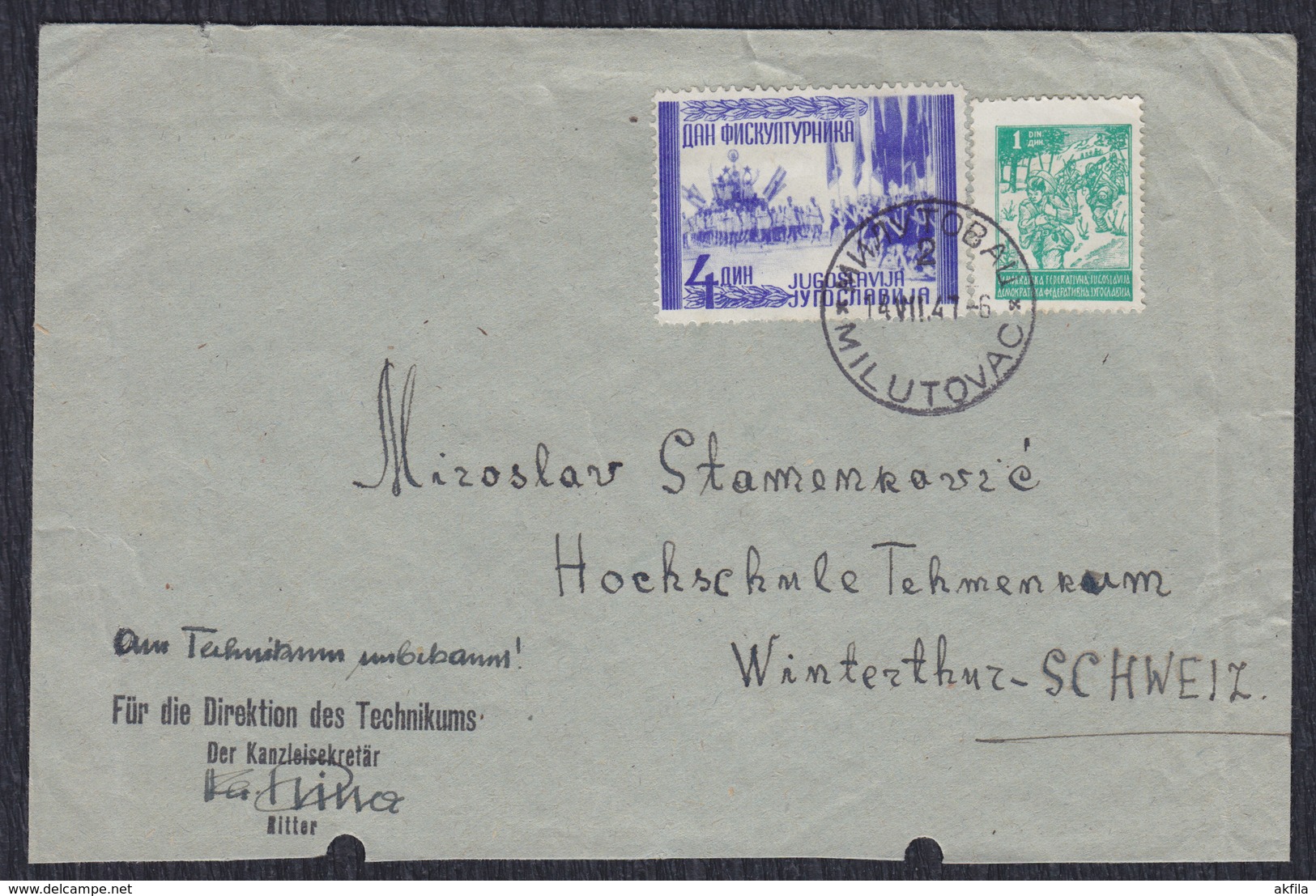 Yugoslavia 1947 Federal Sports Meeting, Letter Sent From Milutovac To Switzerland - Covers & Documents