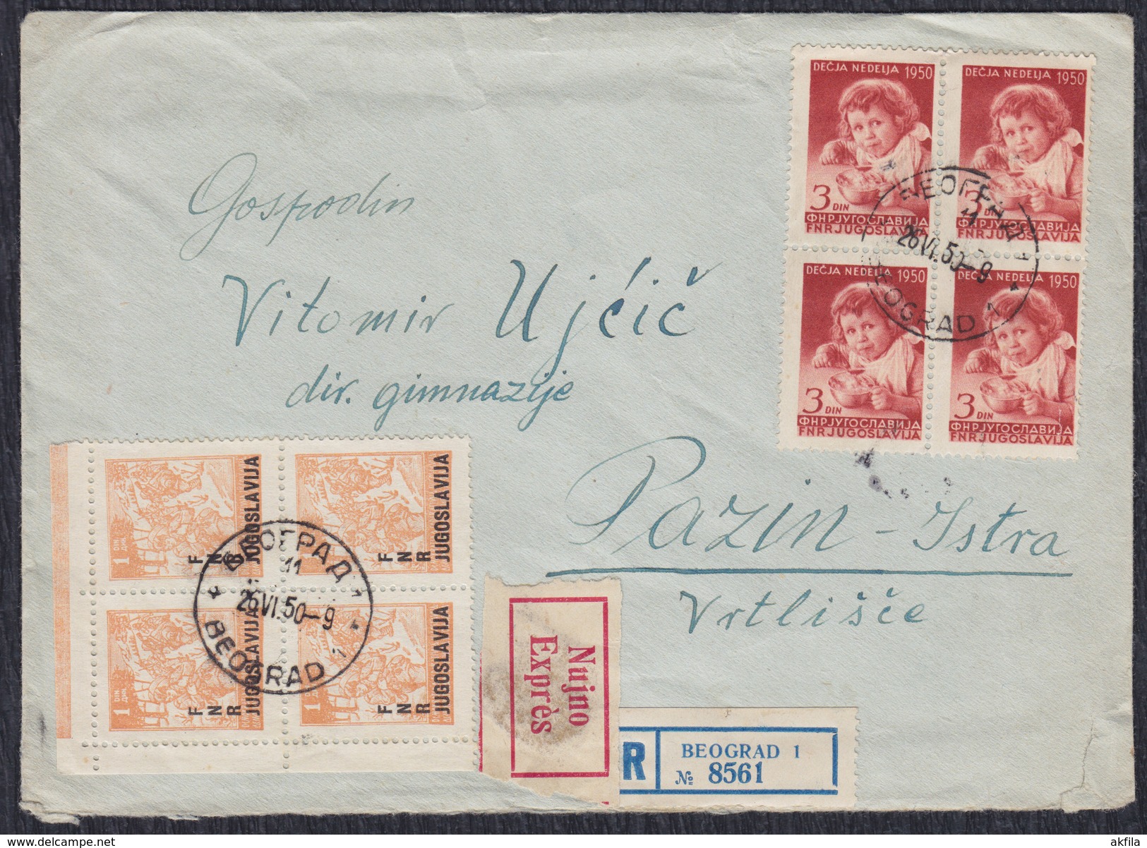 Yugoslavia 1950 Children's Week, Recommended Letter Sent From Beograd To Pazin - Covers & Documents