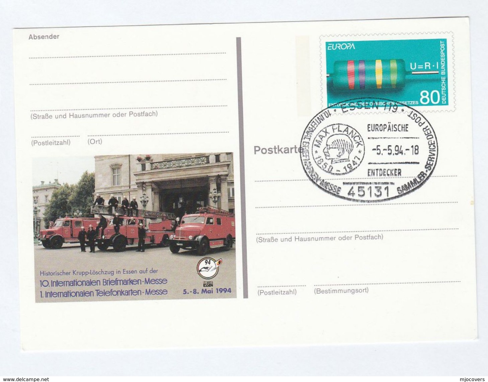 1994 Essen  COVER EVENT Pmk MAX PLANCK PHYSICS Germany Postal Stationery Card Firefighting Fire Engine Stamps - Physics