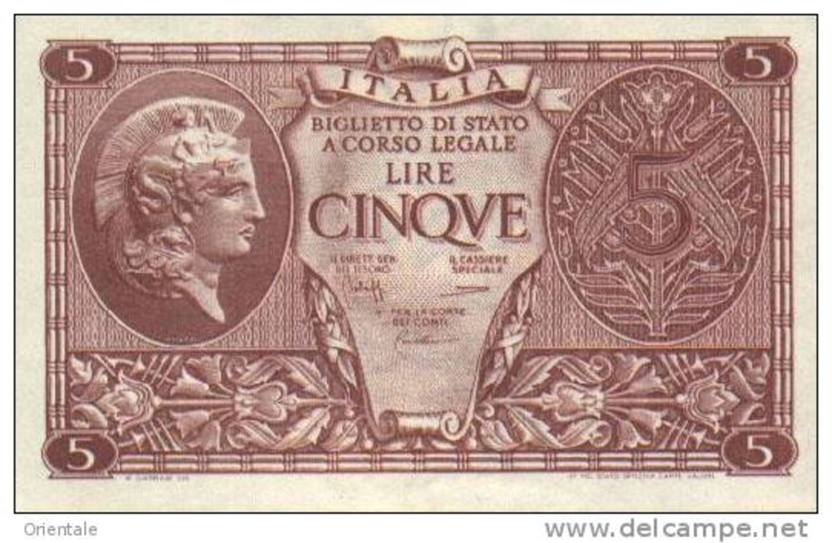 ITALY  P. 31c 5 L 1944 UNC - Regno D'Italia – 5 Lire