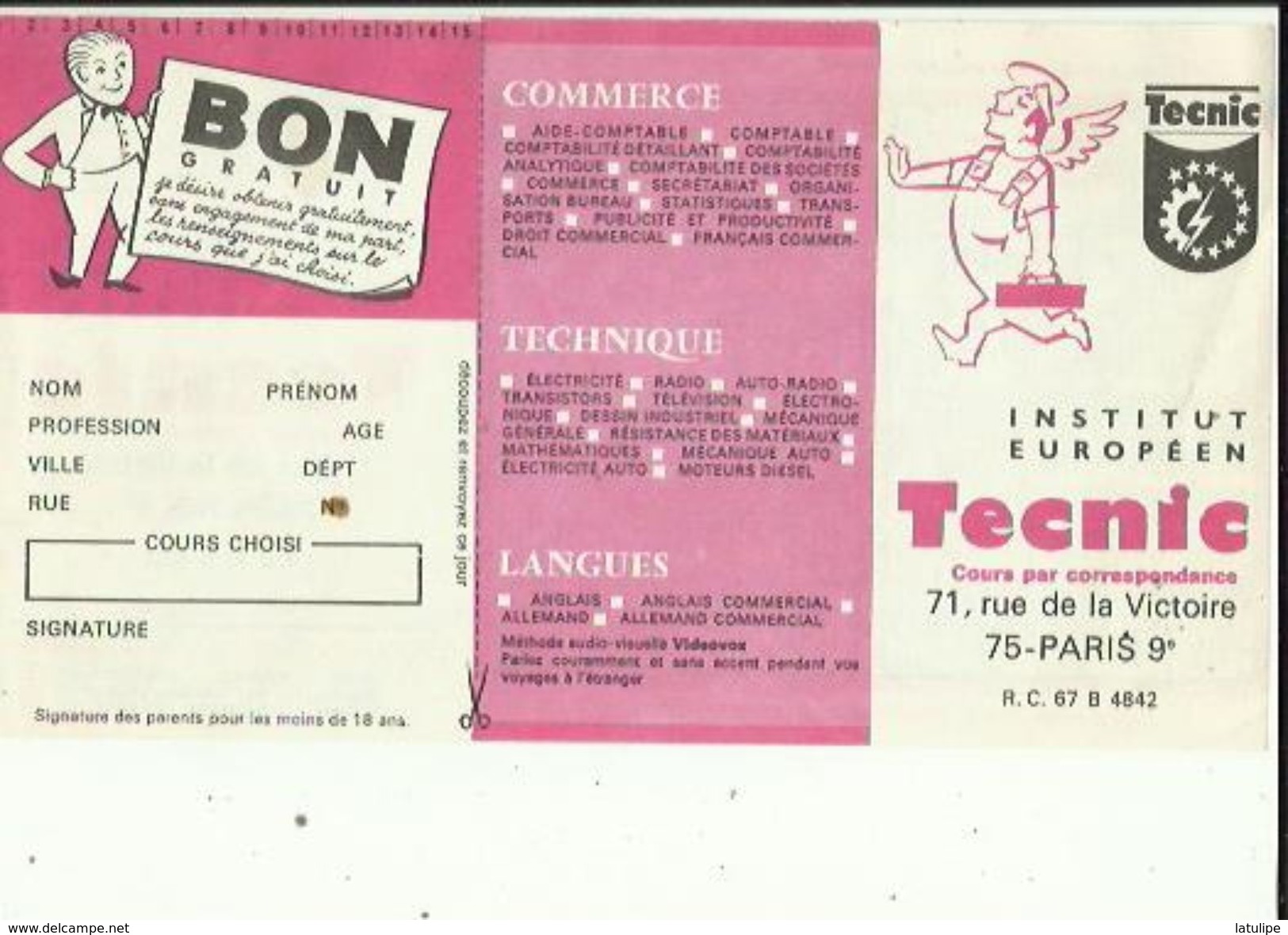 Document  De TECNIC  _Institut Europeen-Cours Par Correspondance A PARIS 75 ( Avec Calendrier 1967 ) Voir Scan - Altri & Non Classificati