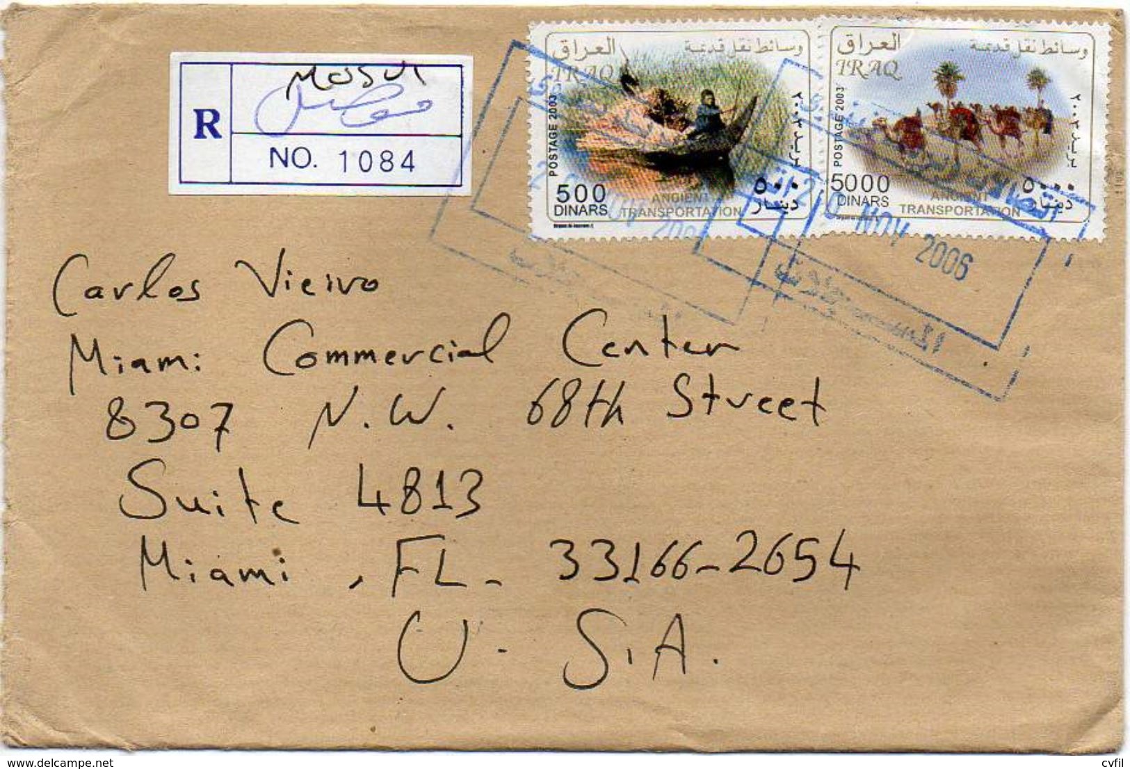 IRAK / IRAQ 2006 - Registered Air Cover With Stamps Of Ancient Transportation Set, From Mosul To Miami, USA - Irak