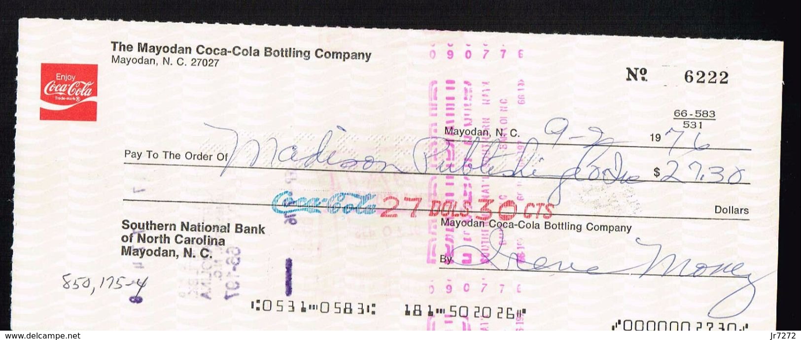 Collectible Old Check From 9, 7,  1976. The Mayodan Coca-Cola Bottling Company Mayodan N.C. - Other & Unclassified