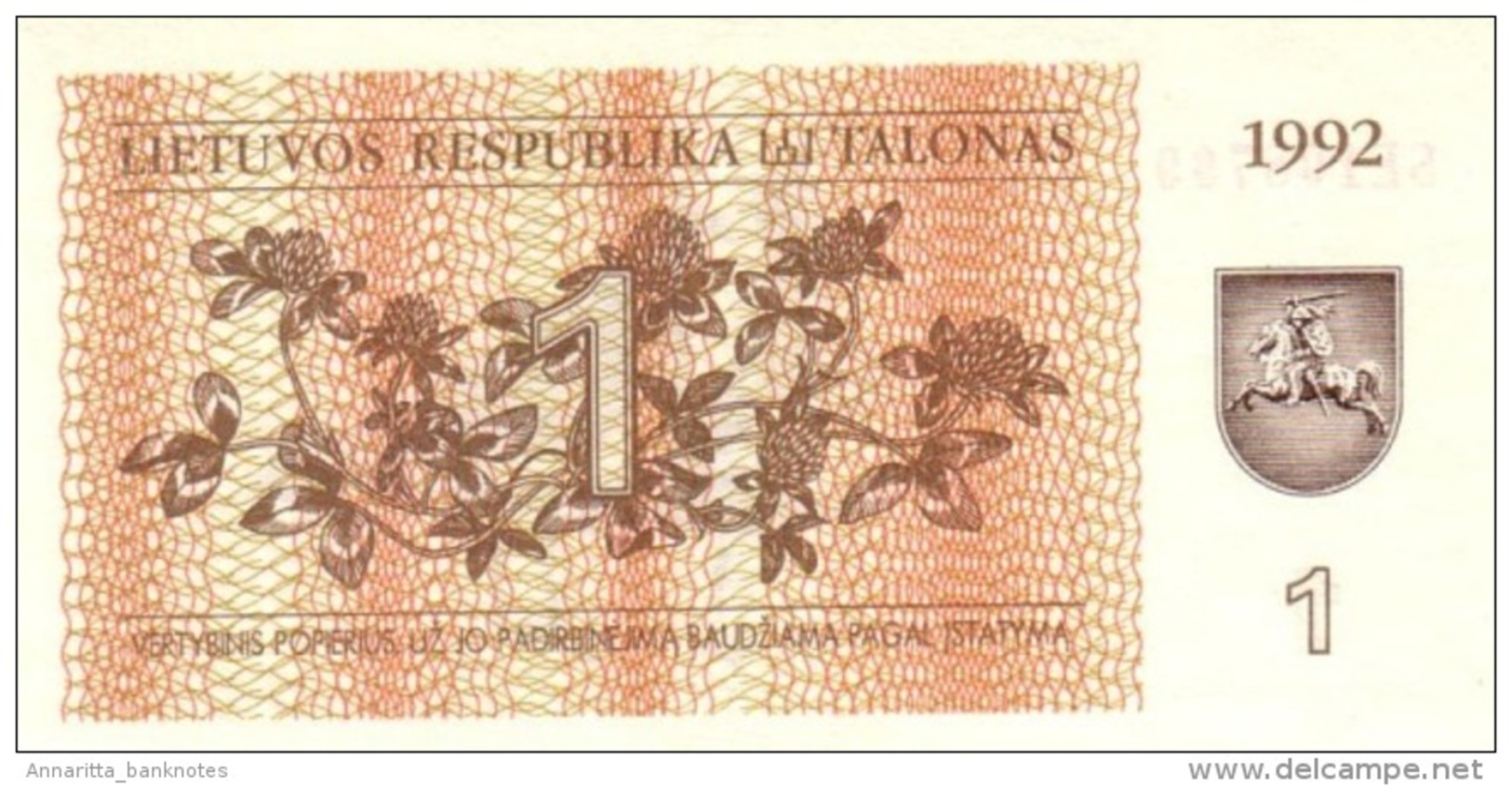 LITHUANIA 1 TALONAS 1992 P-39 UNC  [LT150a] - Lithuania