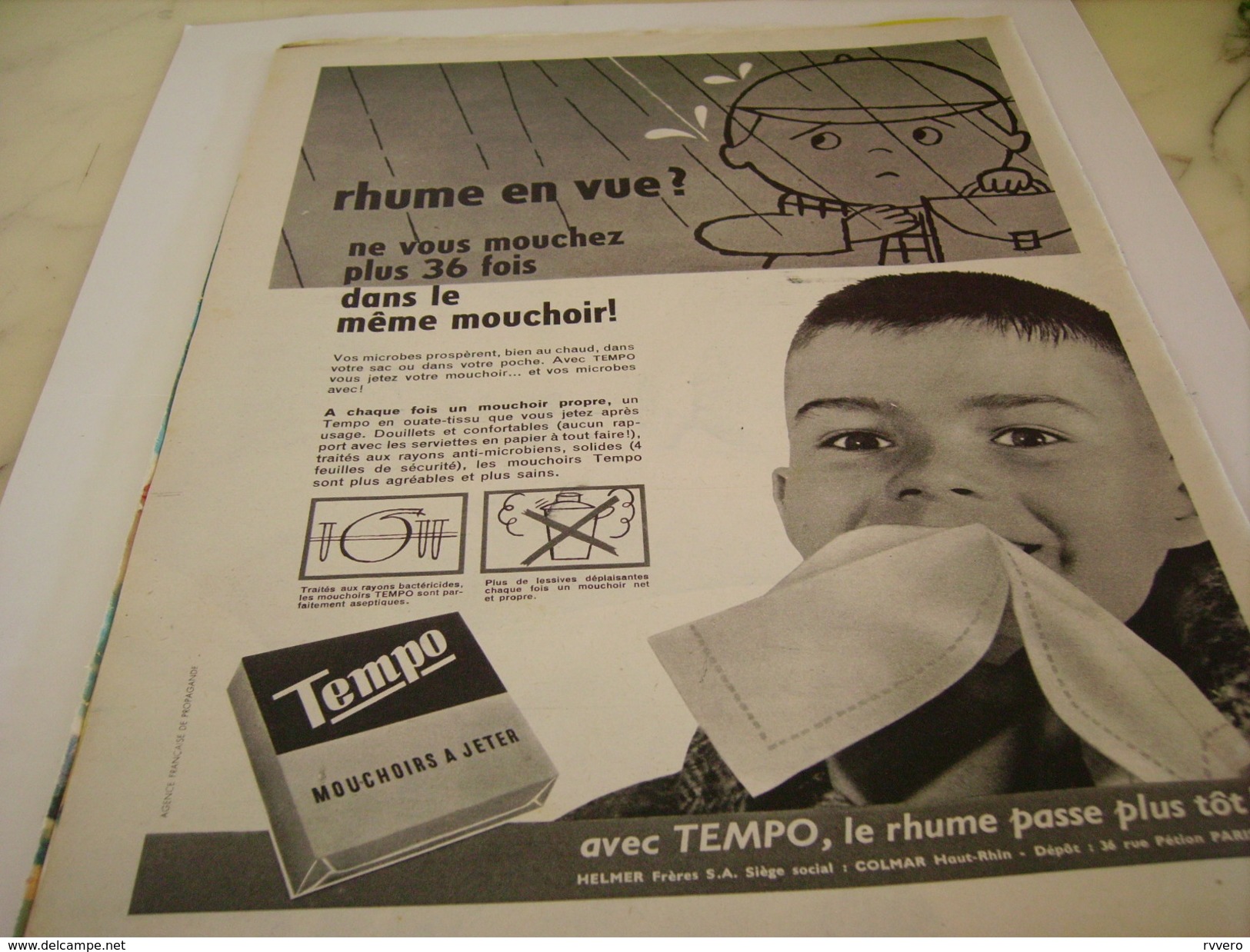 ANCIENNE PUBLICITE RHUME EN VUE MOUCHOIR PAPIER TEMPO 1961 - Autres & Non Classés