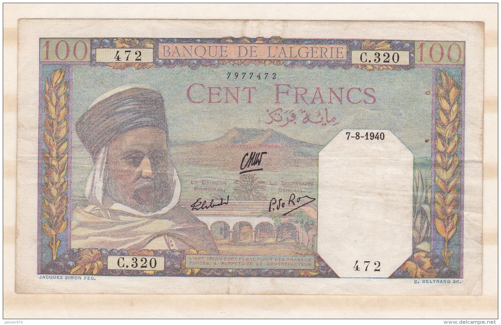 Billet . 100 FRANCS 27 - 8  - 1940, Alphabet C.320  N° 472 - Algerije