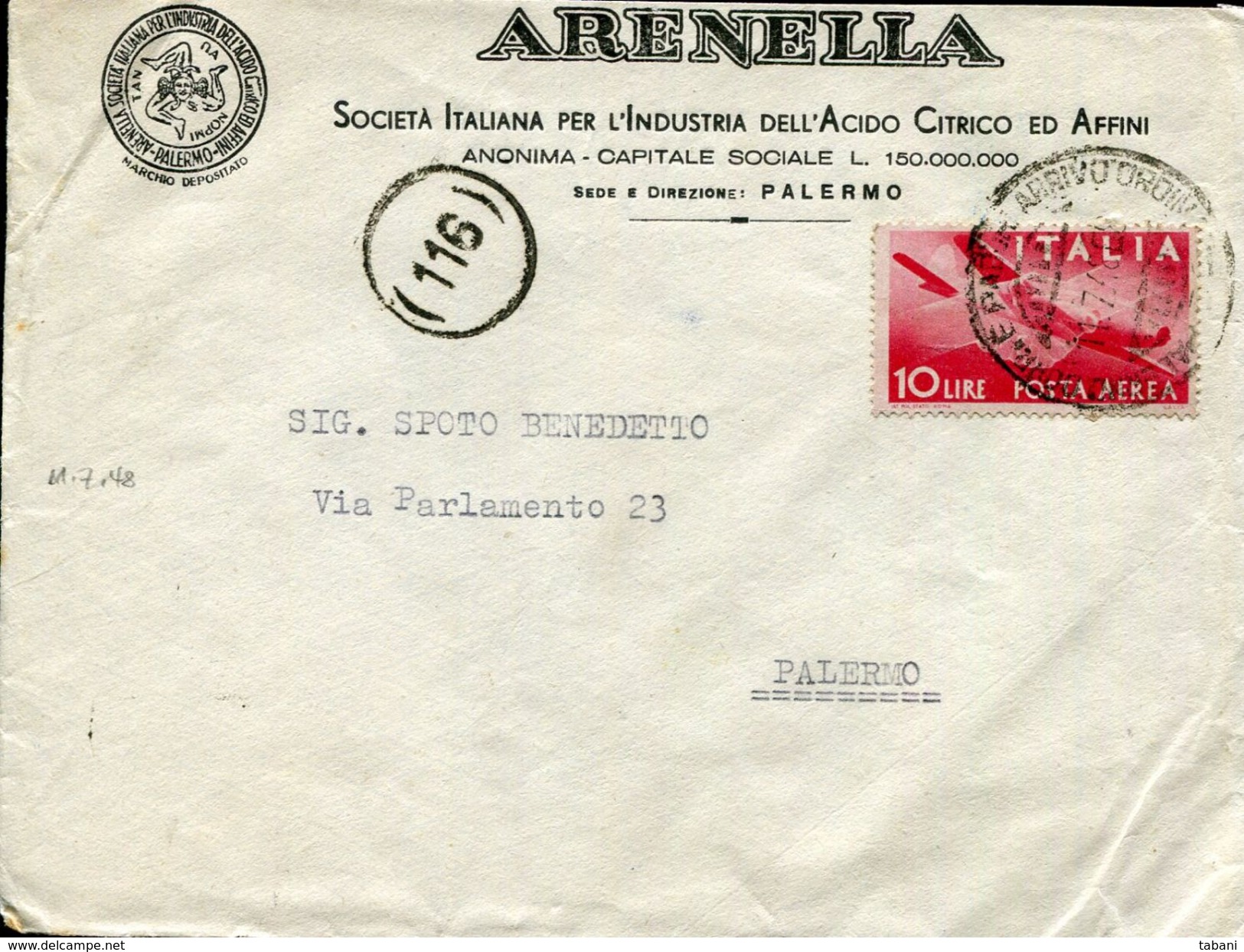 ITALY 1948 PALERMO ARENELLA  SINGLE FRANKING COVER - Local And Autonomous Issues