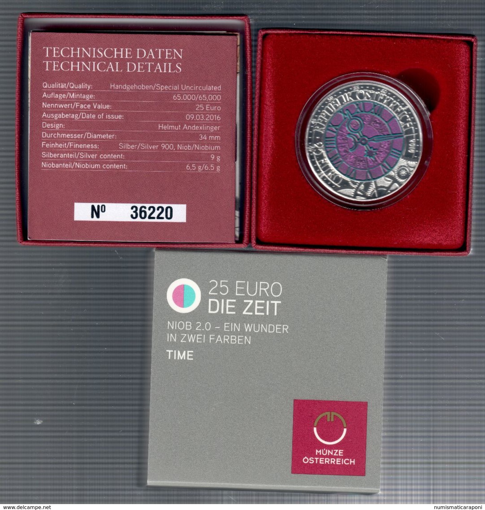 Austria  &euro; 25 Euro 2016 TEMPO TIME ARGENTO-niobio SILVER-Niobio In Box Ufficiale - Oesterreich