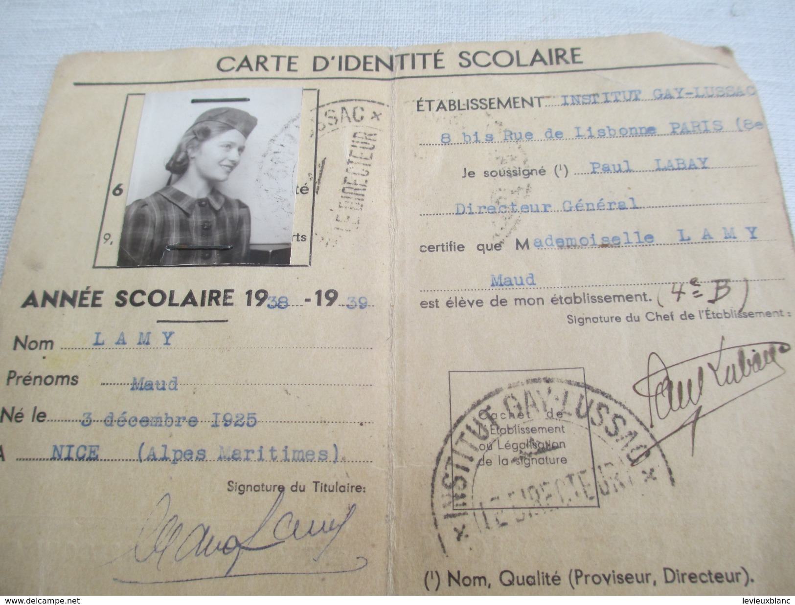 Carte D'identité Scolaire/Enseignement Du Second Degré/Institut Gay-Lussaqc/Paris/Lib. Gibert/ Université/ 1938    AEC78 - Non Classés