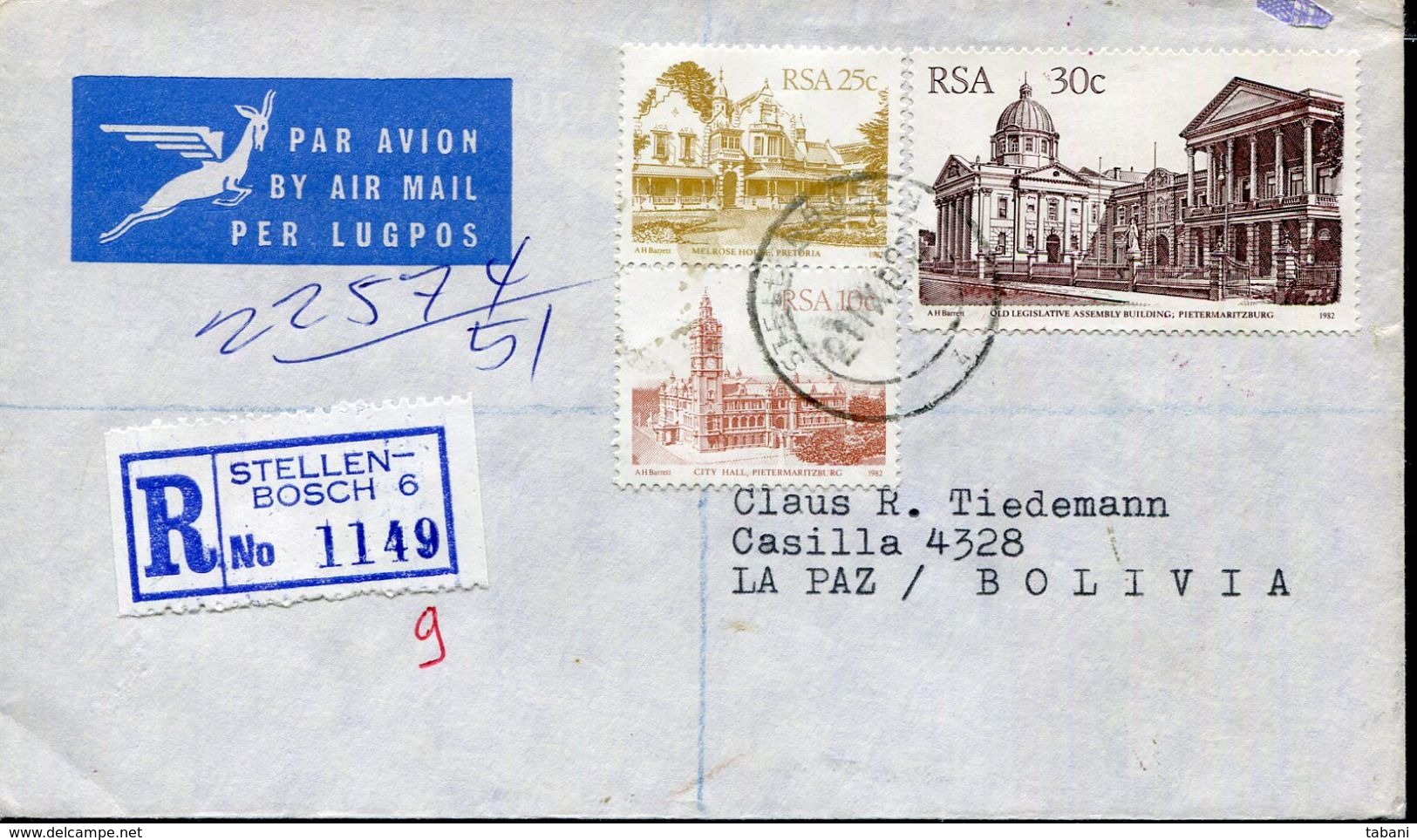 SOUTH AFRICA STELLENBOSCH MIXED FRANKING AIR MAIL COVER TO LA PAZ - Aéreo