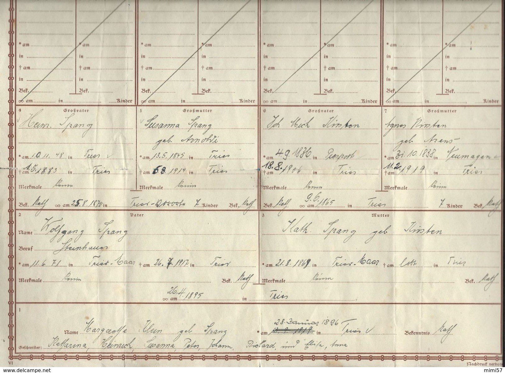 Document Généalogique Allemand Famille Spang Treves 1938 - Collections