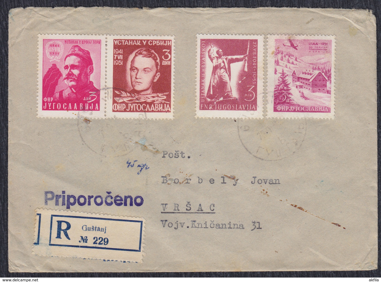 Yugoslavia Slovenia 1951 Uprising In Bosnia, Recommended Letter Sent From Gustanj To Vrsac - Covers & Documents