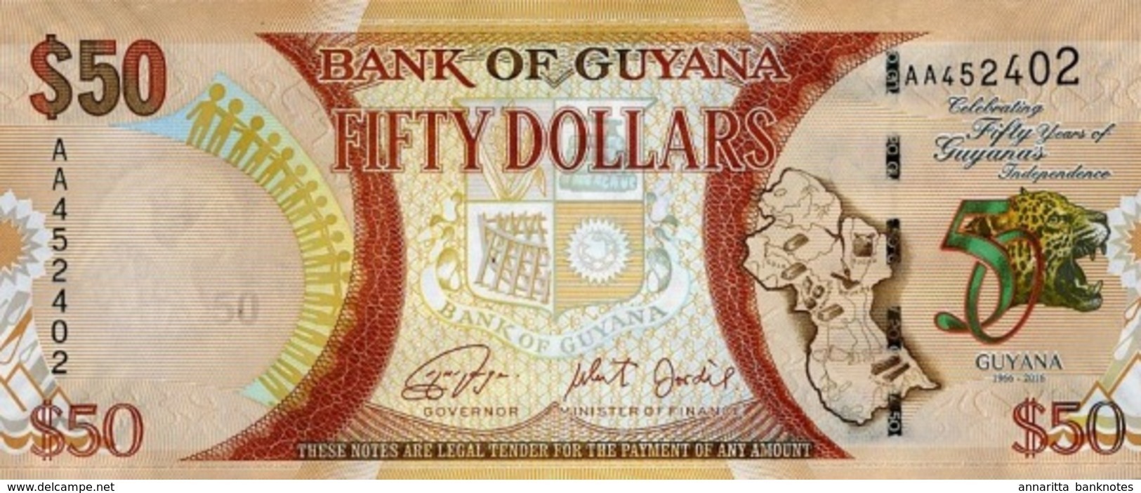 GUYANA 50 DOLLARS 2016 P-41a UNC COMMEMORATIVE [GY119a] - Guyana