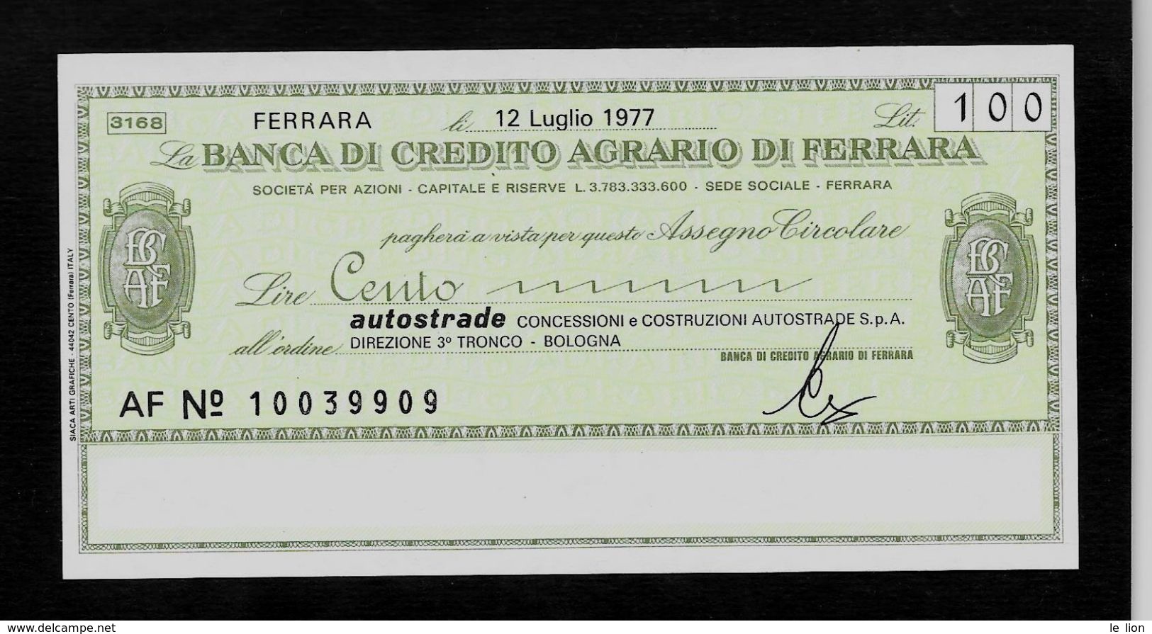 1 Mini Assegno Circolare BANCA CREDITO AGR. FERRARA Autostrade 3° Tronco BO - FDS - [10] Cheques Y Mini-cheques