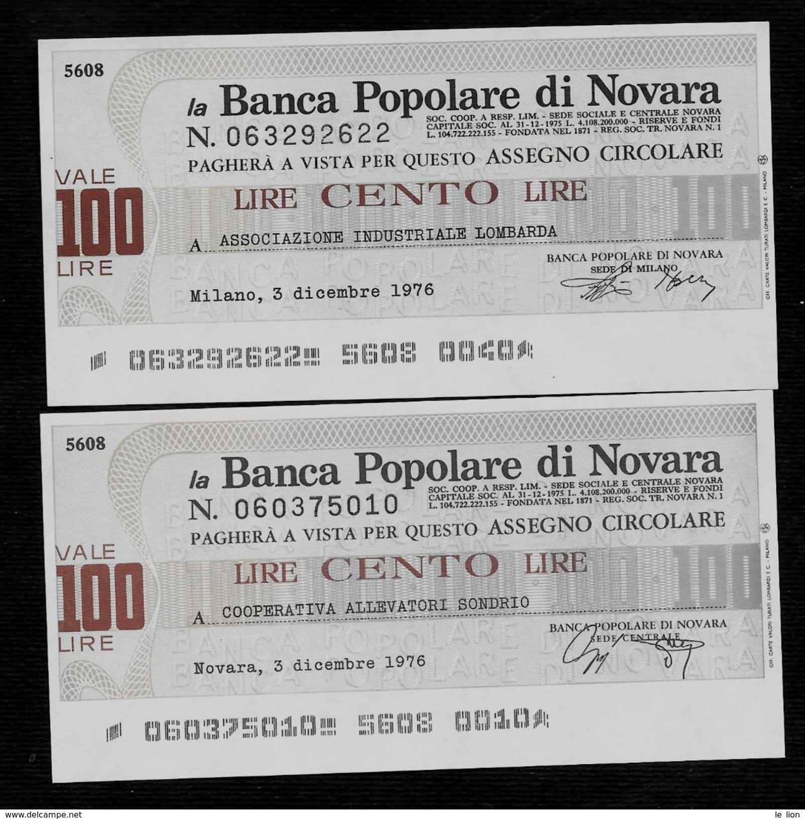 2 Mini Assegni Circolari BANCA POPOLARE NOVARA Ass. Ind. Lombarda, Coop. Allev. Sondrio - FDS - [10] Cheques Y Mini-cheques