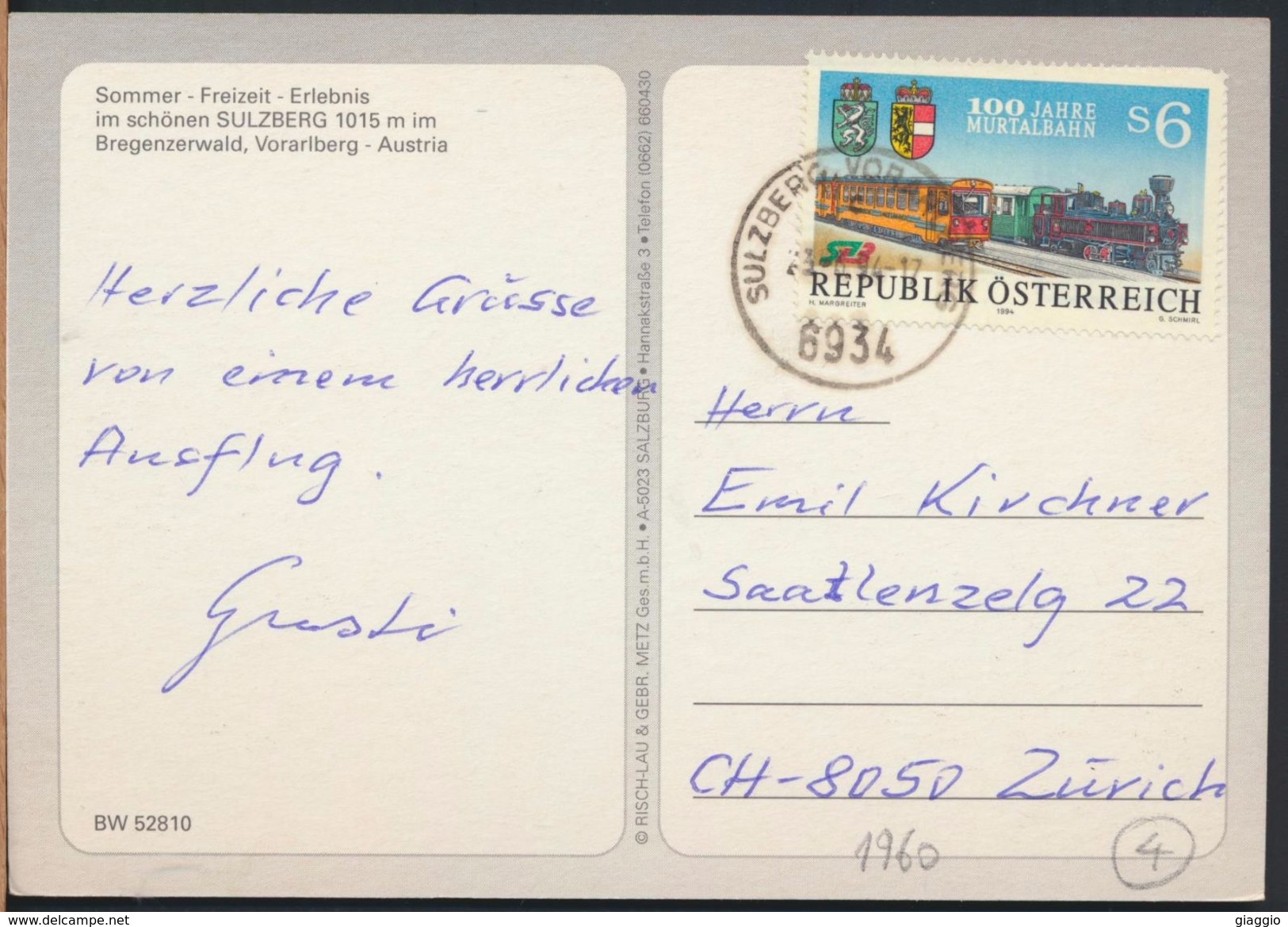 °°° 6257 - AUSTRIA - SULZBERG - BREGENZERWALD - 1994 With Stamps °°° - Bregenzerwaldorte