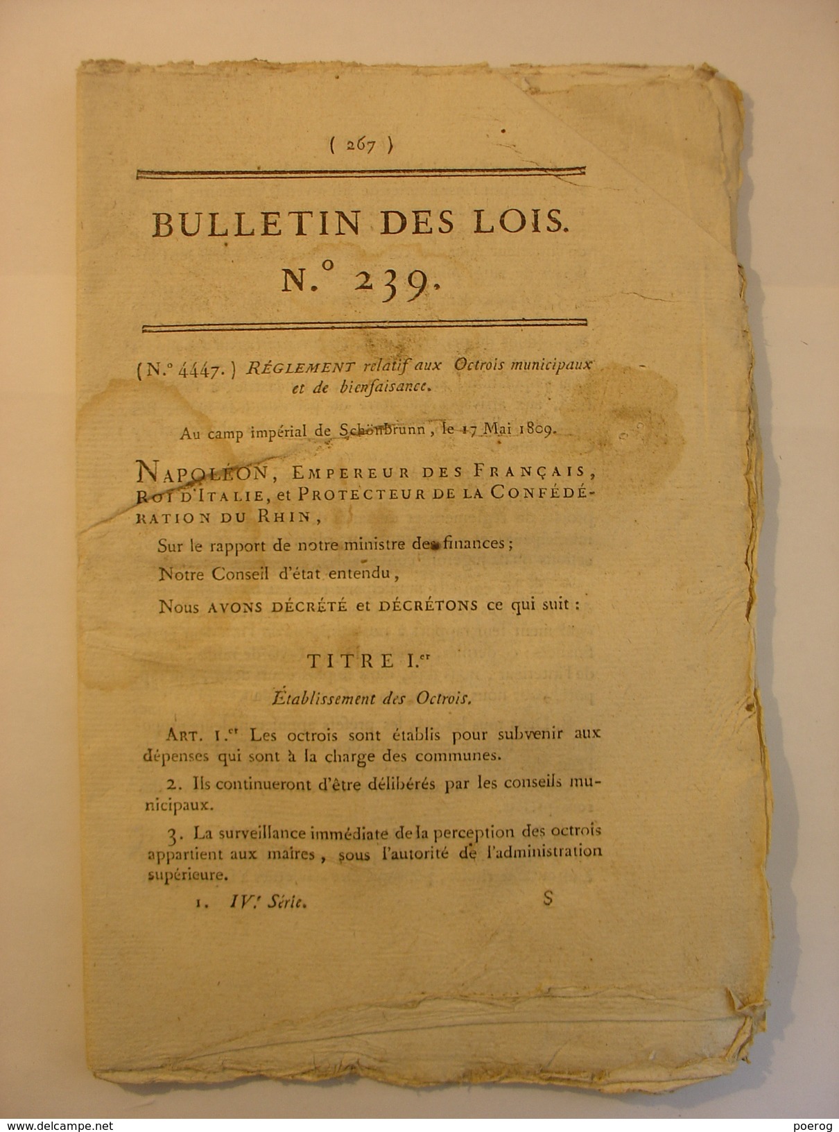 BULLETIN DES LOIS Du 17 MAI 1809 - OCTROIS  MUNICIPAUX ET DE BIENFAISANCE - Decreti & Leggi